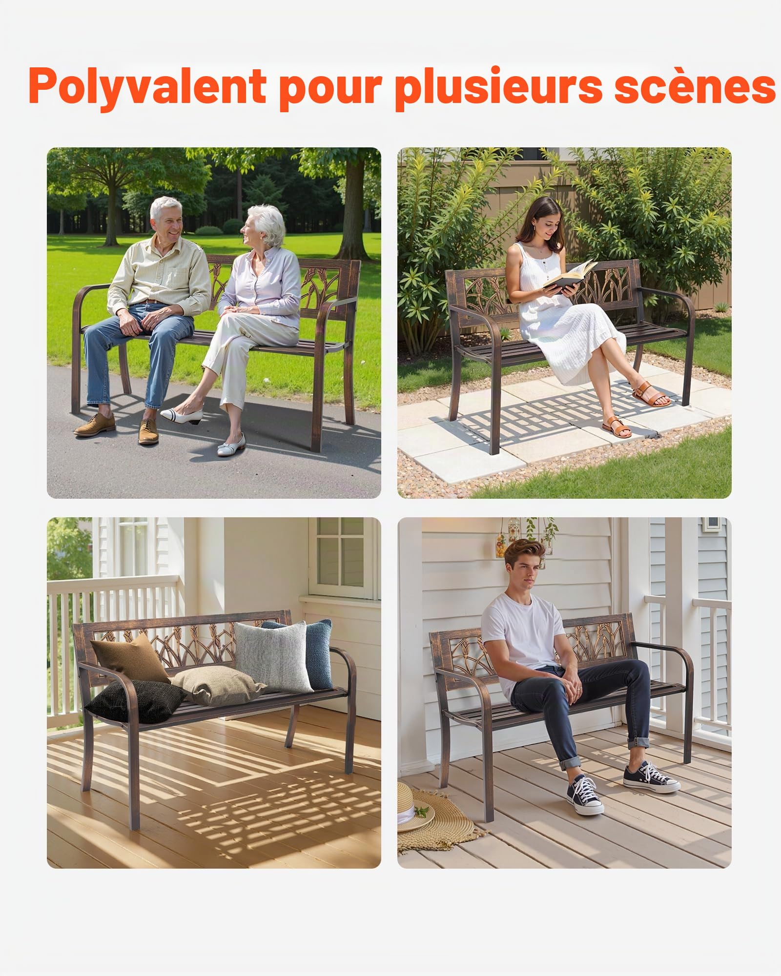 VEVOR Banc de jardin, 127 cm, banquette extérieur en acier carbone avec dossier en PVC à motif floral et accoudoirs à bords arrondis, banc résistant aux intempéries pour terrasse, parc, bronze antique