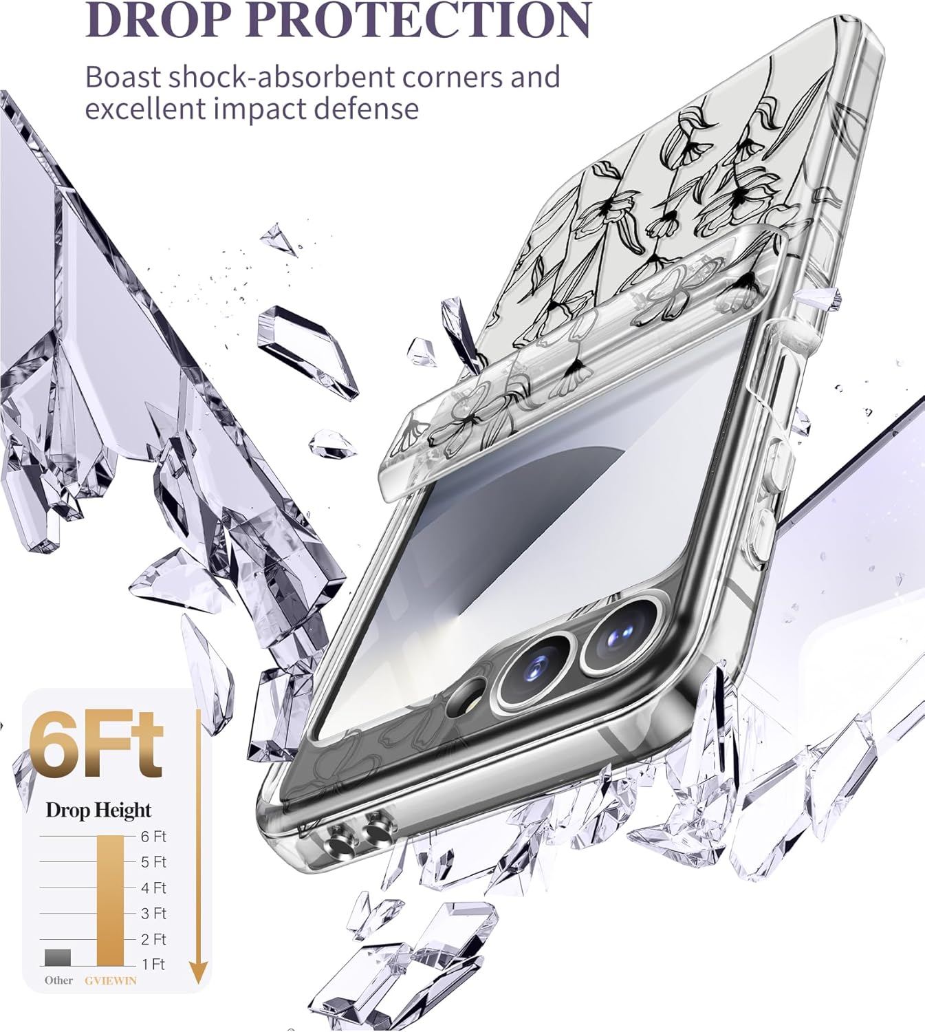 GVIEWIN Designed for Samsung Galaxy Z Flip 6 Case with Hinge Protection, Built in Front Screen Protector, Clear Floral Shockproof Protective Hard PC Women Phone Case for Z Flip6 (Sketch/Black)