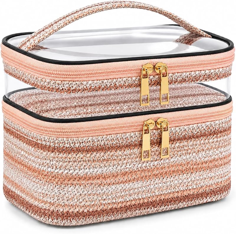 Necessaire de maquiagem imerelez em couro sintético trançado com tampa transparente de PVC, rosa