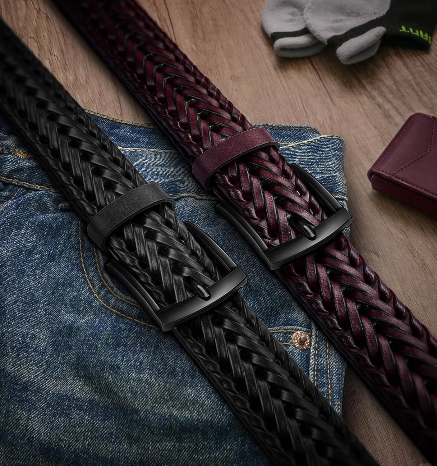 BULLIANT Men Belt 2Pack,Braided Woven Leather Belt For Men Golf Casual Jeans 1 3/8" - Image 2