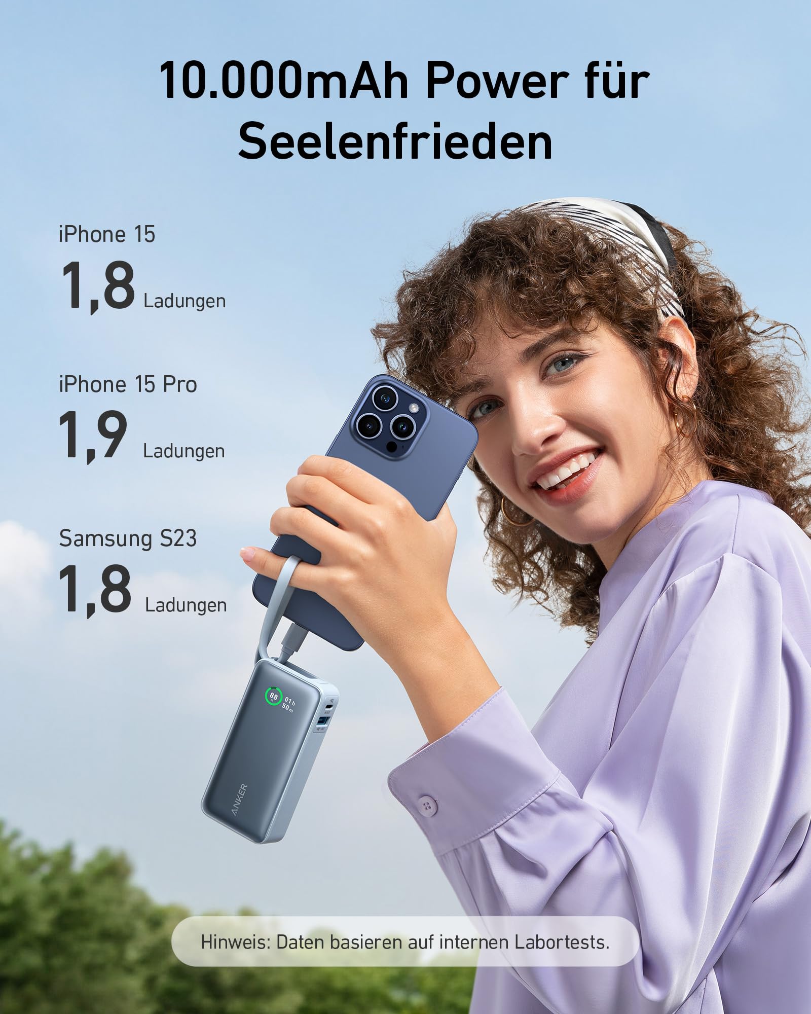 Anker Nano Powerbank, 10.000mAh Powerbank mit integriertem USB-C Kabel, PD 30W Höchstleistung mit 1xUSB-C, 1xUSB-A, Für iPhone 17/16/15/14, MacBook, Galaxy, iPad, AirPods und mehr