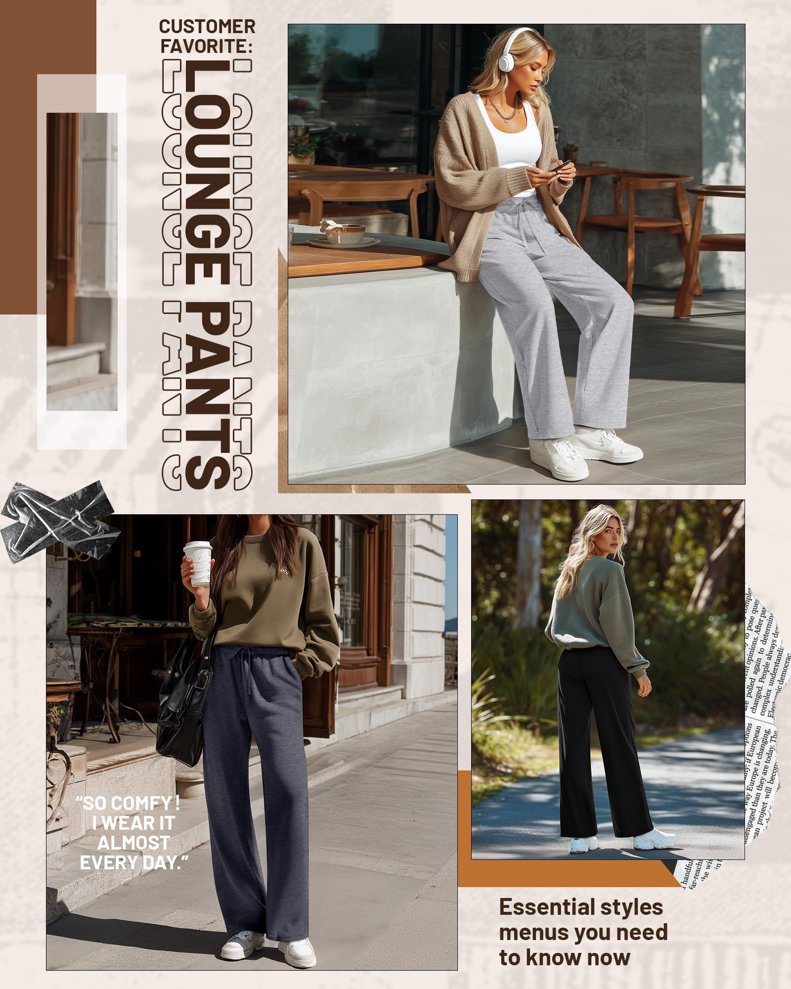Neer 3er-Pack Damen-Jogginghosen mit Taschen, weitem Bein, bequemer, Dicker Loungewear, Kordelzug, lässiger, lockerer Stil