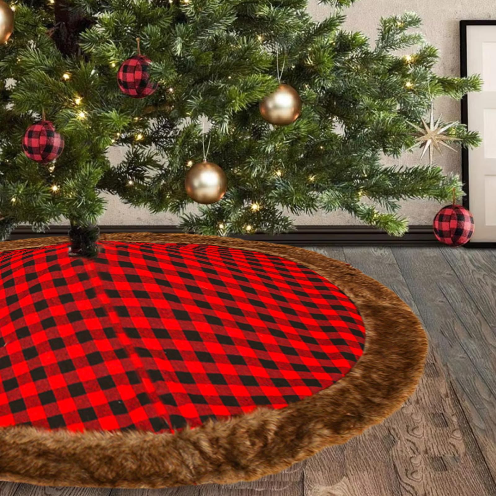 Gonna per albero di Natale, 122 cm, motivo scozzese di bufalo rosso e nero, con tela, decorazione per albero di Natale, include tappetino per albero di Natale, Capodanno, ornamento per albero