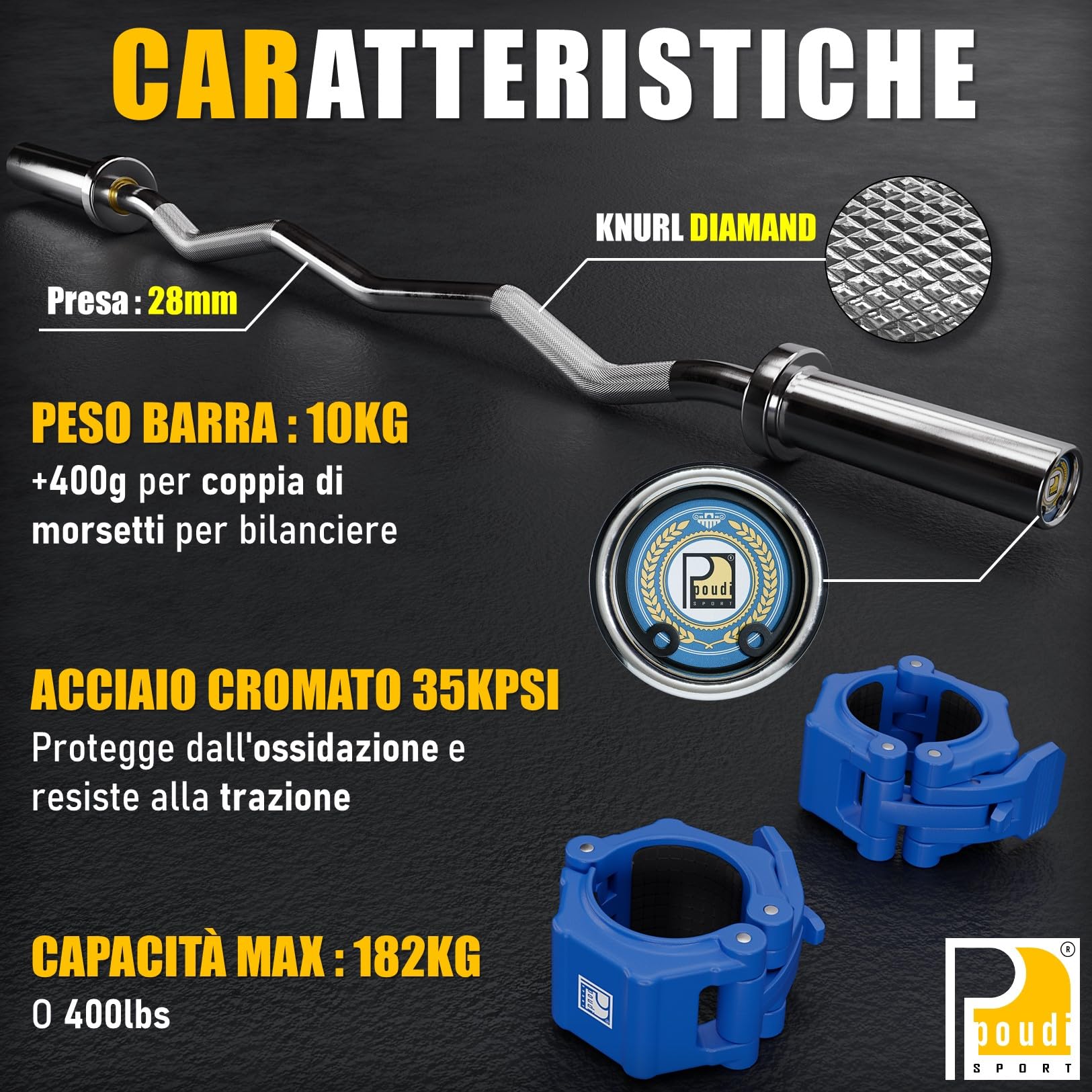 1 EZ curl barra bilanciere in acciaio cromato 120cm – 10kg - Ø 50mm | Carica massima : 182kg | 2 Morsetti per bilanciere