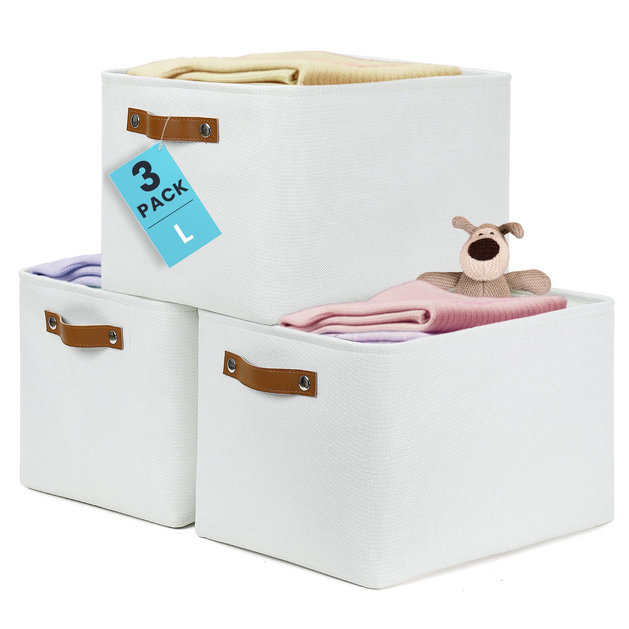 OrganiHaus Large Fabric Storage Baskets for Shelves 3 Pack, 15x11in Closet Storage Bins for Shelves, Canvas Baskets for Organizing, Linen Closet