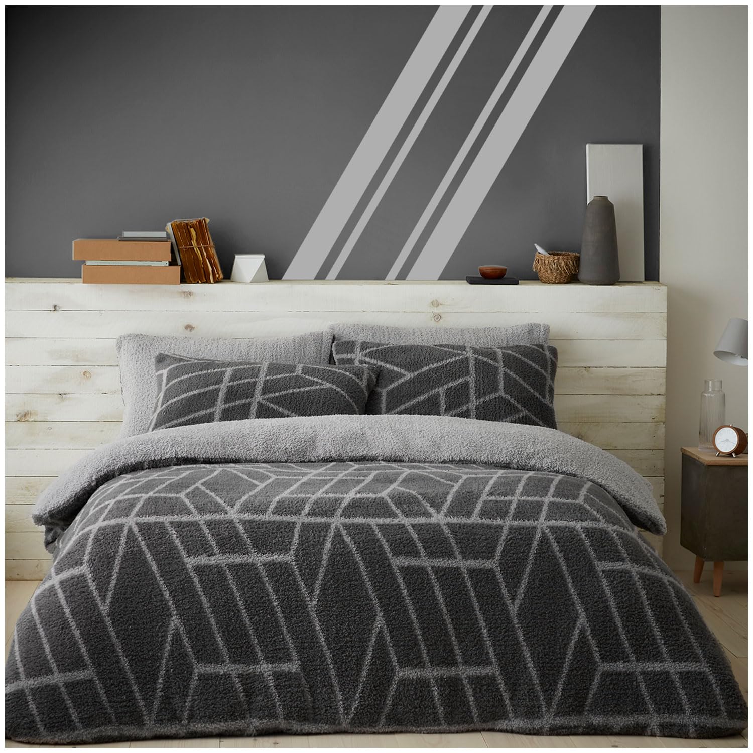 GC GAVENO CAVAILIA Teddy Fleece Duvet Cover Single with Pillowcase - Snuggle Warm Bedding Set - Cosy Bed Linen - Charcoal