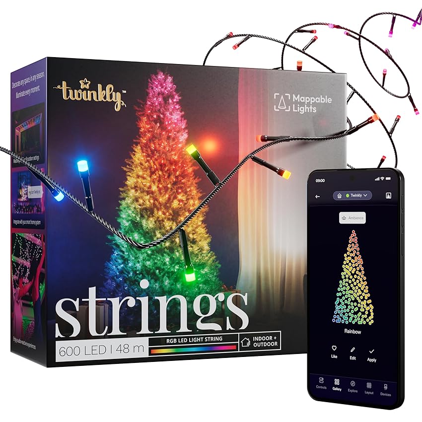 Twinkly Strings 600 LED RGB, Striscia di Luci LED per Esterno e Interno, Luci Smart Multicolore, Compatibile con Alexa e Google Home, Luci Mappabili, IP44, Controllo App, Filo Nero, 48m