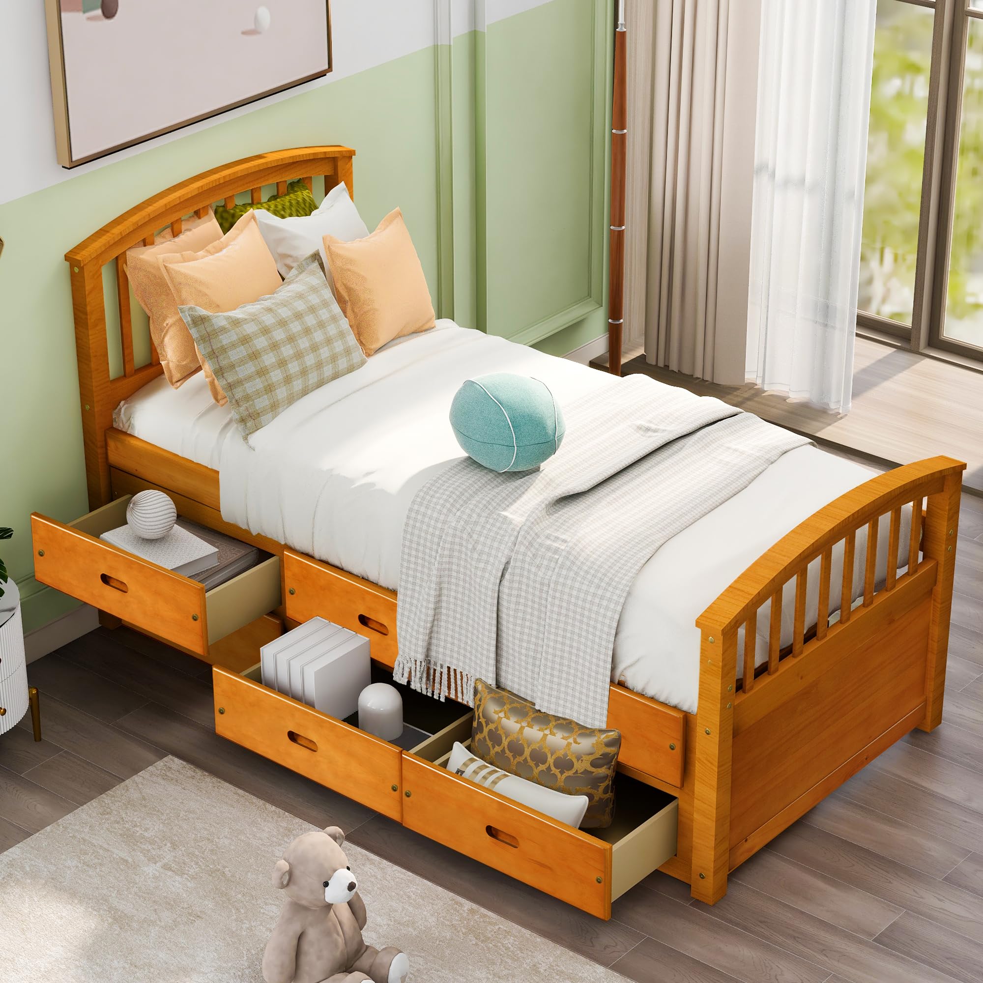 Merax Solid Wood Twin Platform Bed with 6 Storage Drawers
