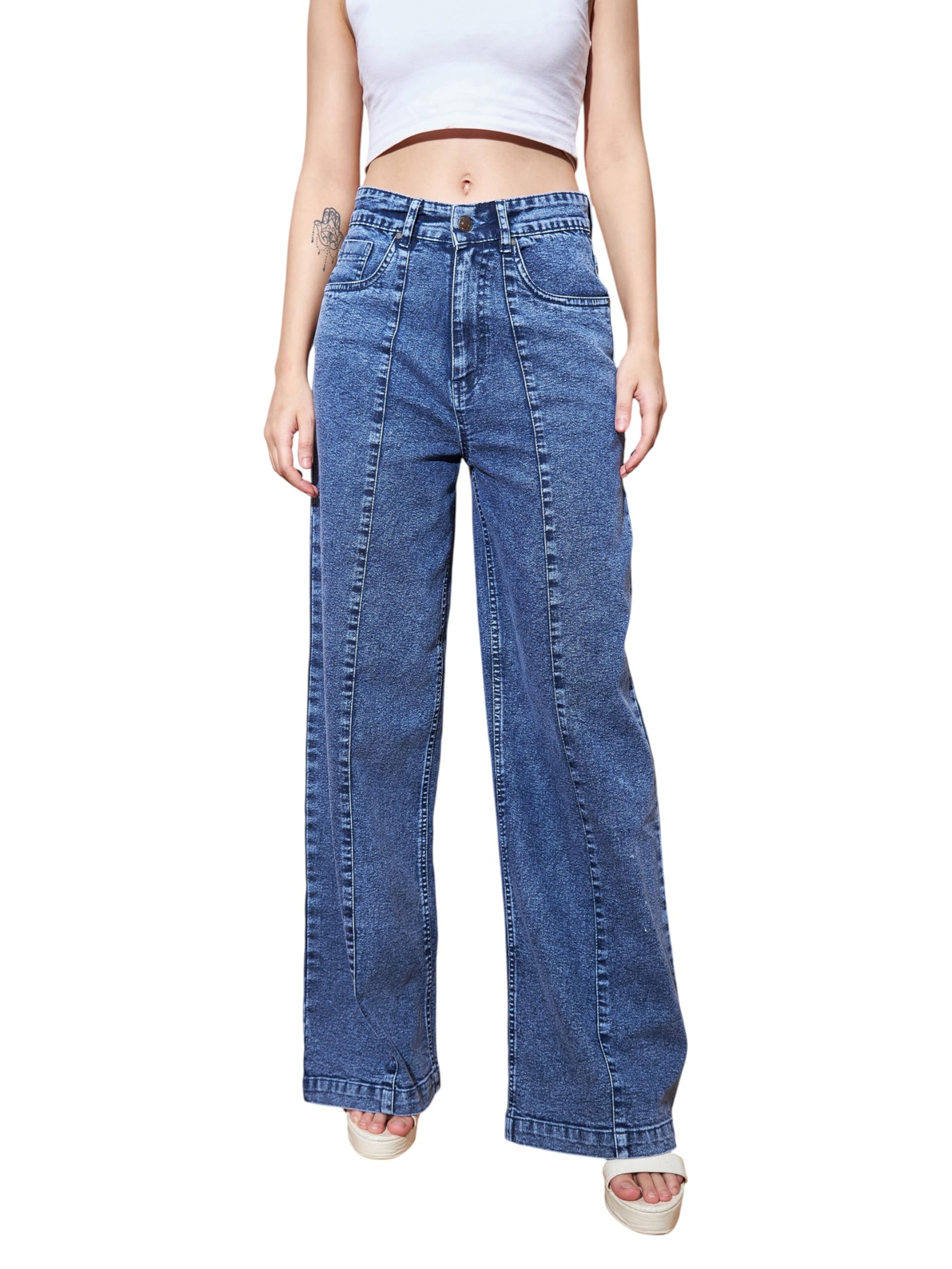sassafras Blue High Waist Seam Detail Straight Jeans-picture-36