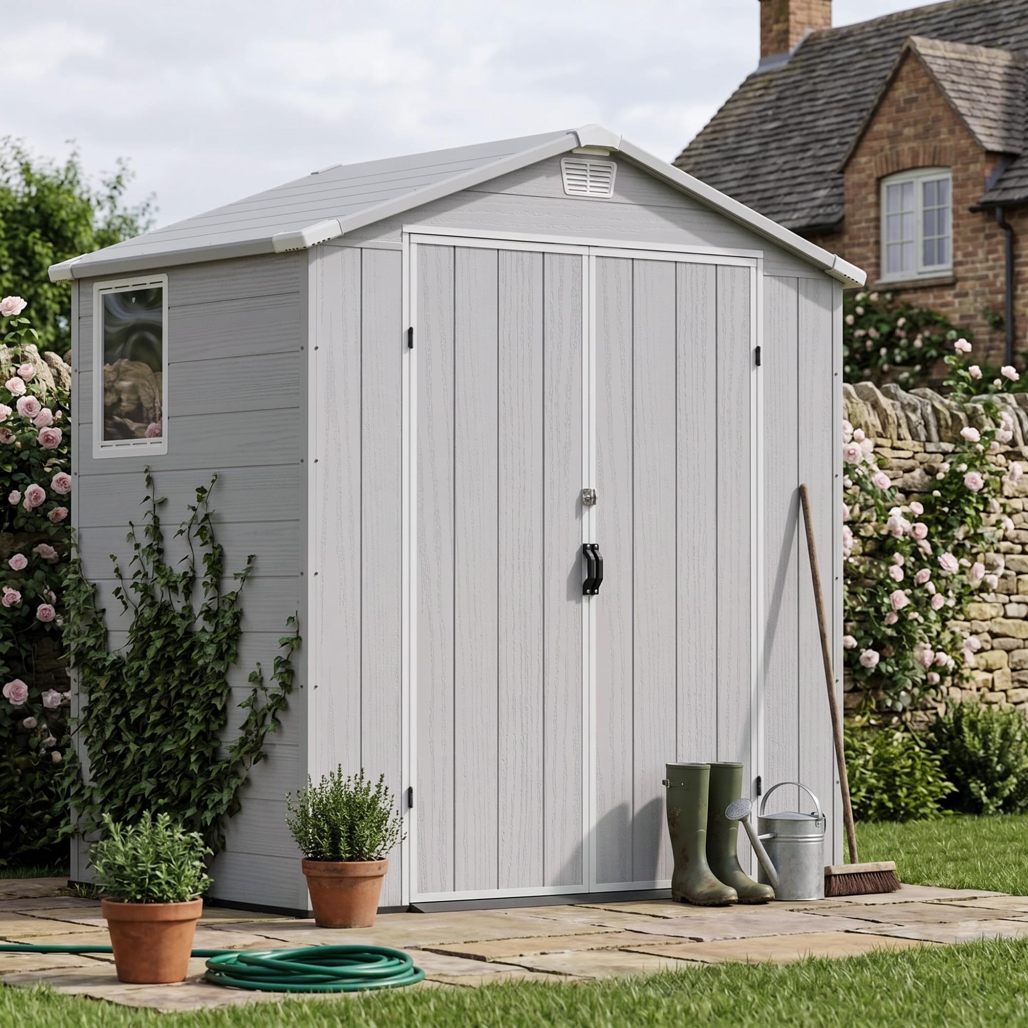 JUMMICO Casetta da Giardino in Resina 195x128x211 cm, Capanno Attrezzi Impermeabile Anti-UV con Ventilazione Integrata, Facile Montaggio, Ideale per Terrazzo e Balcone, Grigio