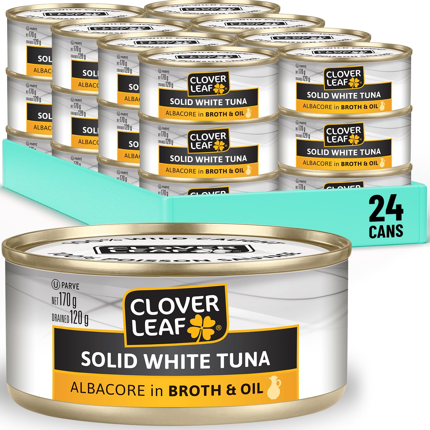 Clover Leaf Solid White Tuna In Broth & Oil - 170g, 24 Count - Canned Fish No Preservatives No Additives - Excellent Source Of Protein 16g Of Protein Per 55g Svg Drained Wild n Traceable Tuna