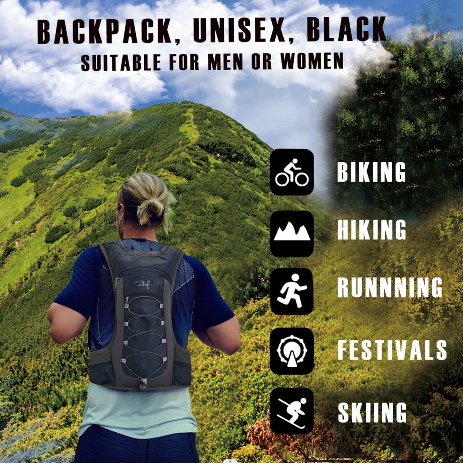 ZELNFF® Sac à Dos d'Hydratation avec Vessie 2L | Pour Course à Pied, Vélo et Jogging | Sac de Course (Noir