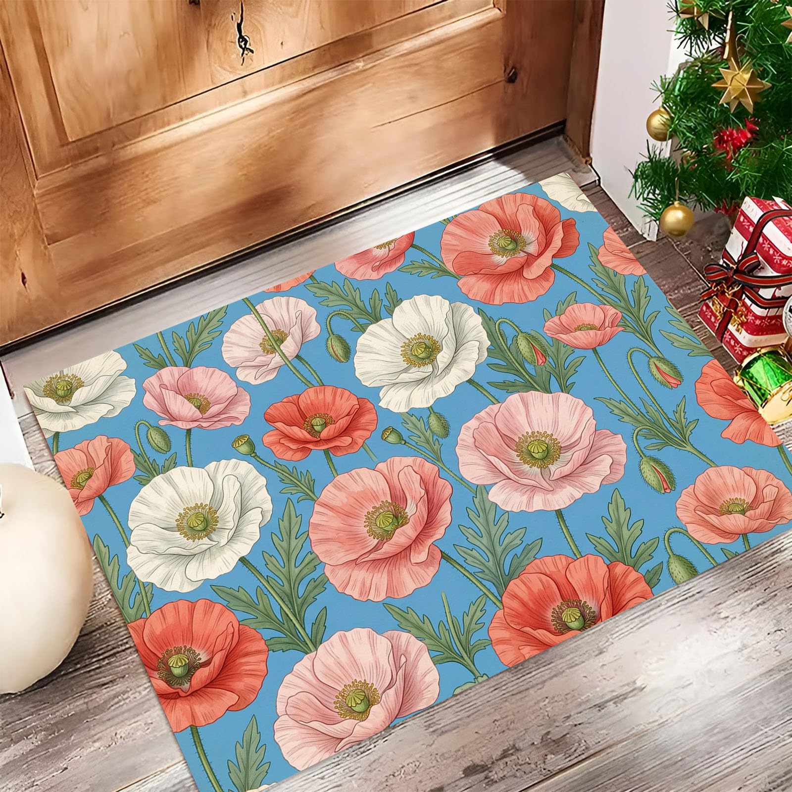 Felpudo Ultrafino para Interiores, 90X150Cm, Flor De Amapola Japonesa Alfombra Antideslizante Lavable para Entrada, Plantas Naturales Frescas Felpudo De Perfil Bajo, Atrapa Suciedad, Azul
