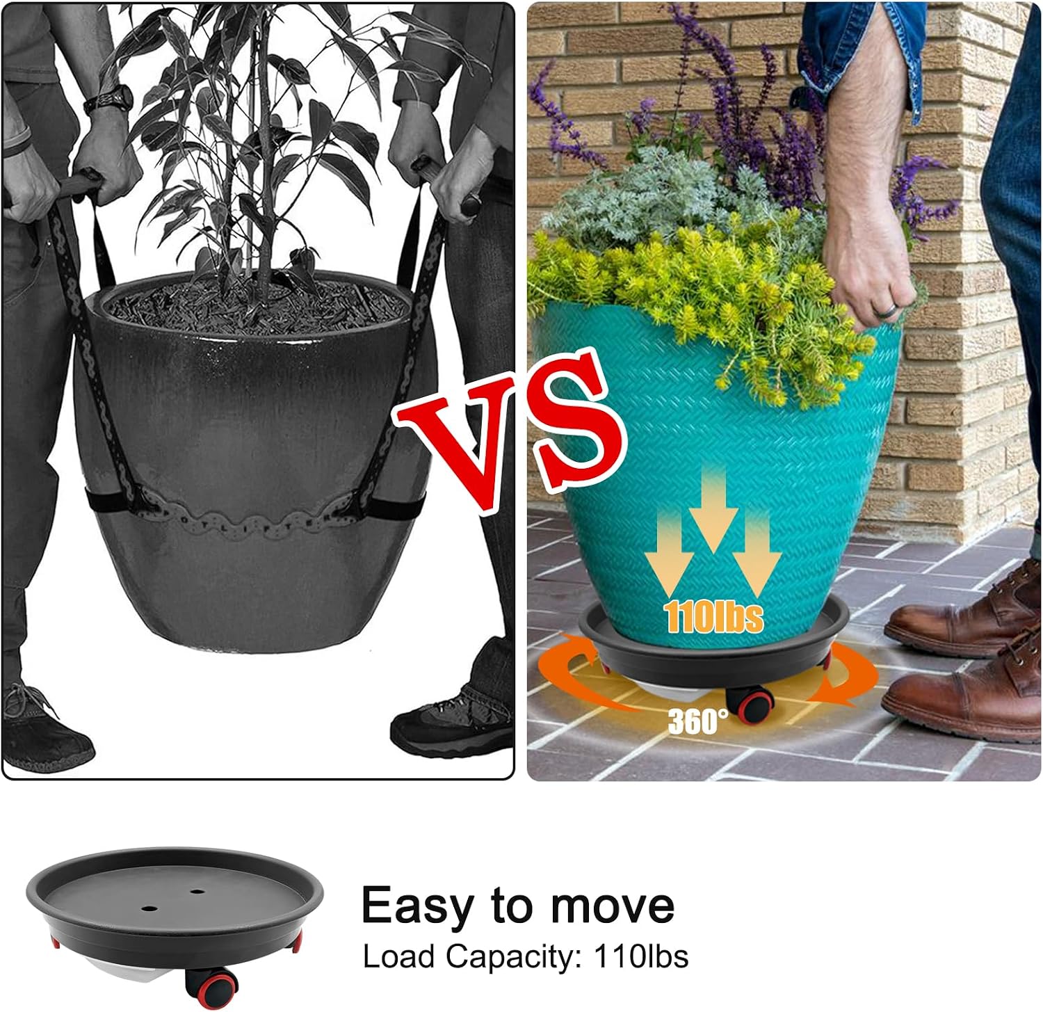 2pcs Plant Caddy with Wheels, 13.4" Plant Stand Heavy Duty Plant Dolly with Water Container Loading Capacity 110 lbs, Dark Grey