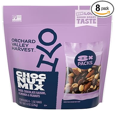 Orchard Valley Harvest Choc Nut Mix Multipack, 1 oz (Pack of 8), Dark Chocolate Raisins, Almonds & Peanuts, Gluten Free, Stand Up Bag, Non-GMO, 4g Plant Based Protein Per Serving, On-The-Go Snack