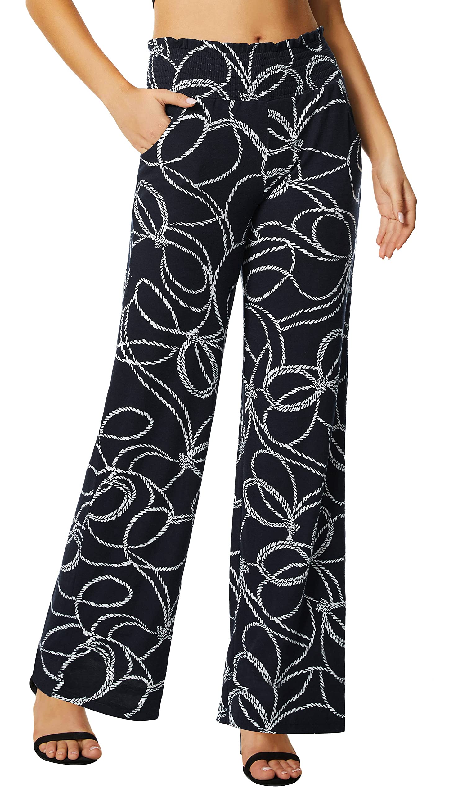 EXCHIC Pantalon décontracté à jambes larges pour femme - Imprimé floral - Pantalon de détente - Pantalon bohème extensible