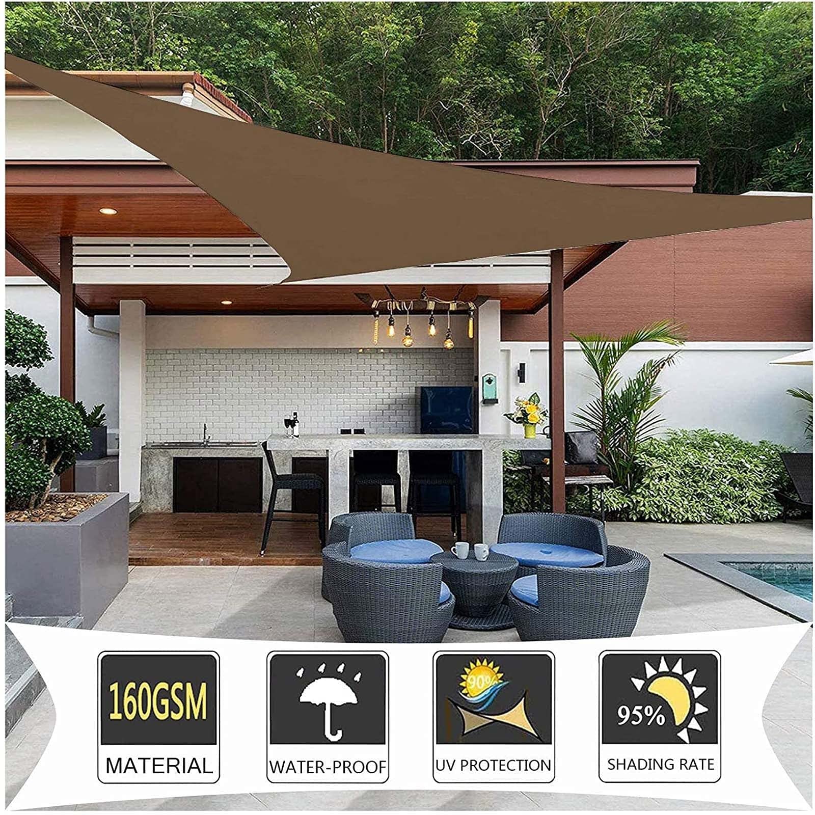 Vela parasole triangolare giardino per esterni con kit fissaggio, protezione UV al 98% con sistema aggancio (Colore: Marrone, Dimensioni: 4,5x4,5x4,5 m)