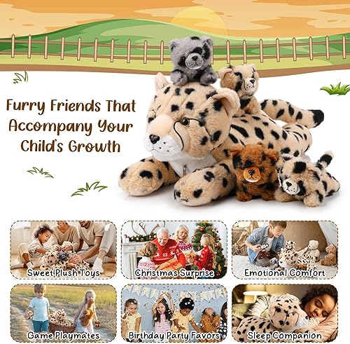 Miniatura 10 de Juego de 5 piezas de animales de peluche de guepardo grande con 4 cachorros suaves en su barriga para niños y niñas, regalos de cumpleaños,