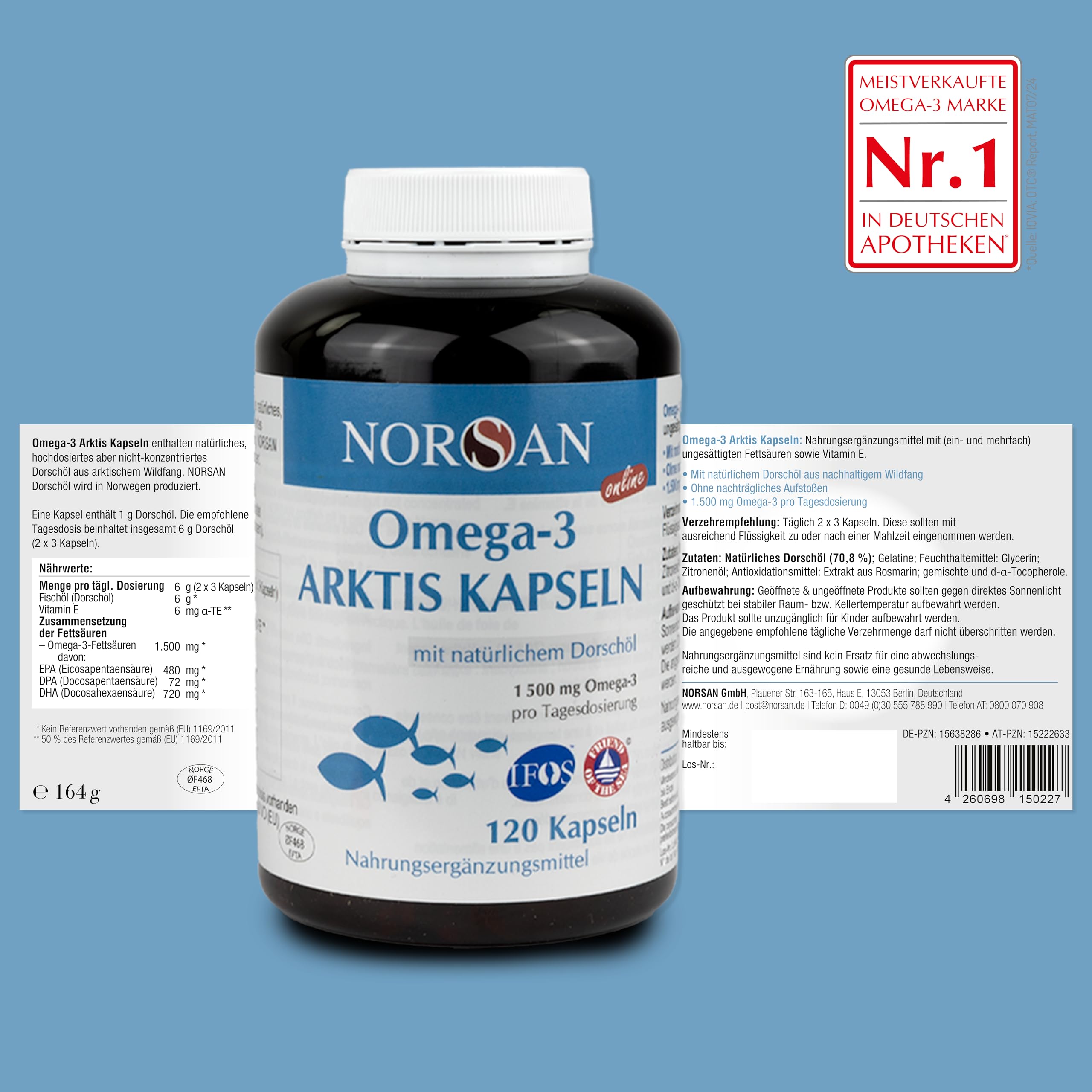 NORSAN Premium Omega-3 Arktis Dorschöl Kapseln 2x120 Kapseln - 1.500 mg Omega-3 pro Portion - Fischöl Kapseln aus nachhaltigem Wildfang