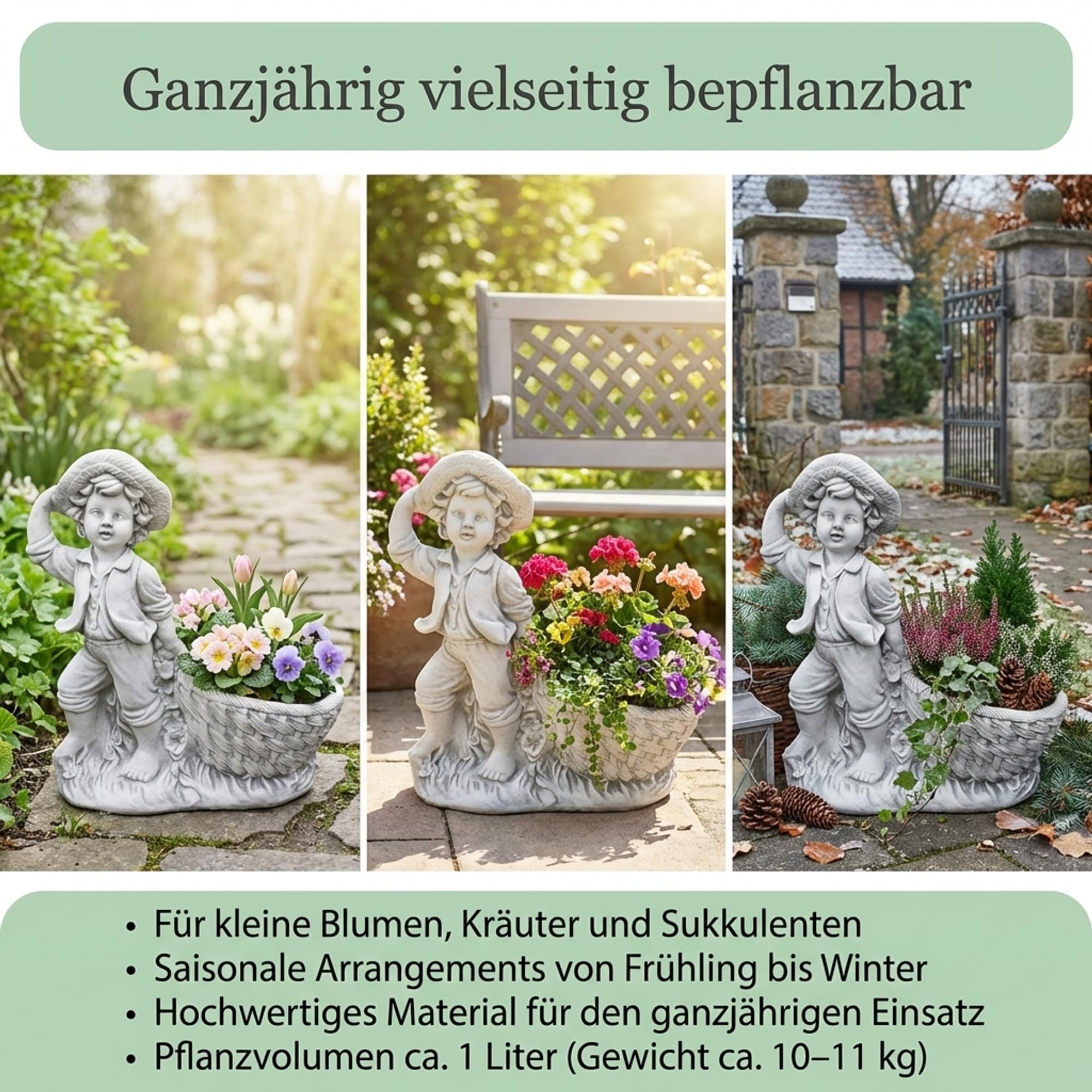 gartendekoparadies.de Figurine garçon en Pierre Solide avec jardinière, Hauteur 39 cm, 1 Litre, Gris, Poids 10 kg, en Pierre moulée résistante au Gel