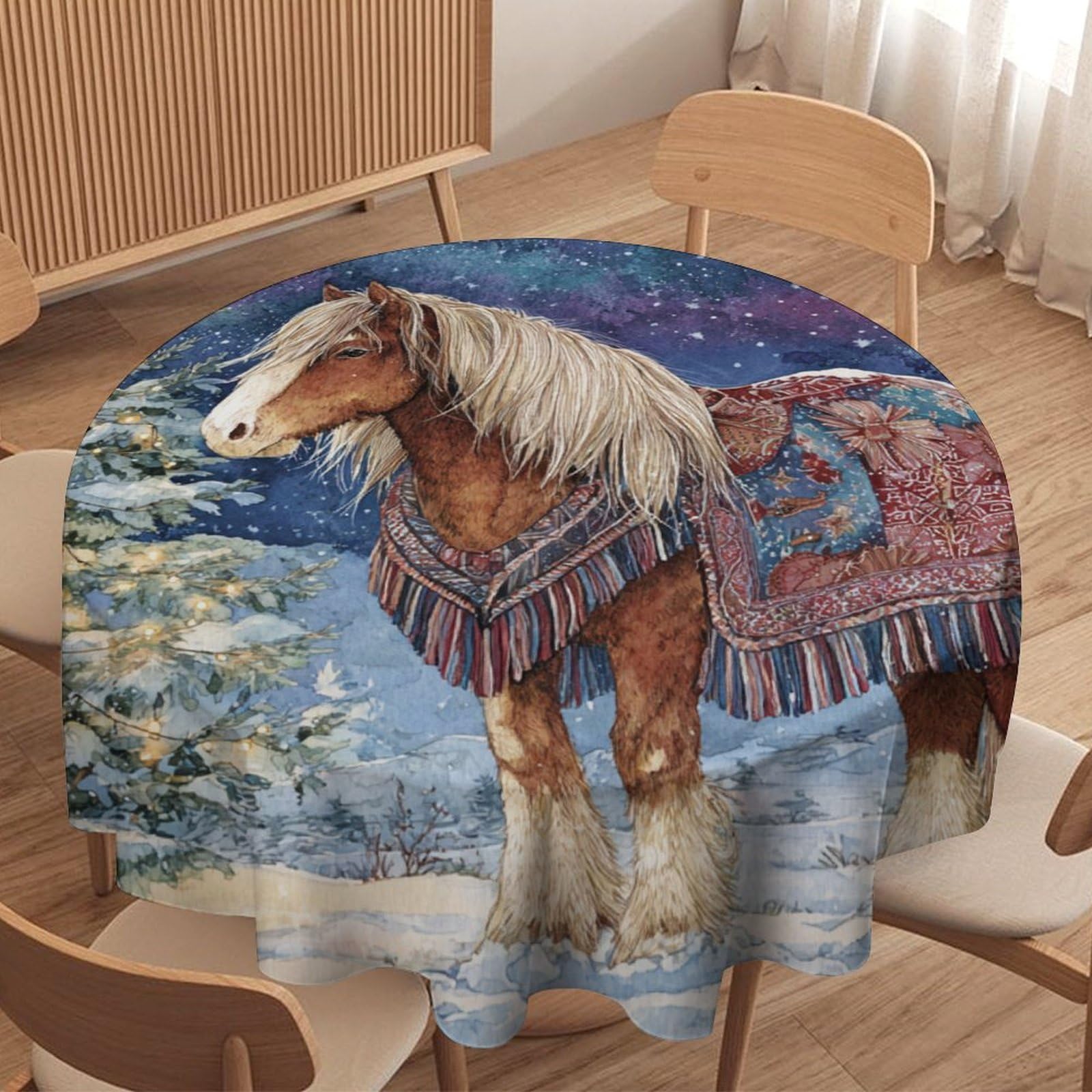 LUYYSKY Vintage Modern Animal Horse Round Tablecloth Watercolor Christmas Starry Sky Xmas Tree Cowboy Theme Wildlife Horse Washable Decor for Table Cover for Kitchen-152.4" Wx152.4 L cm