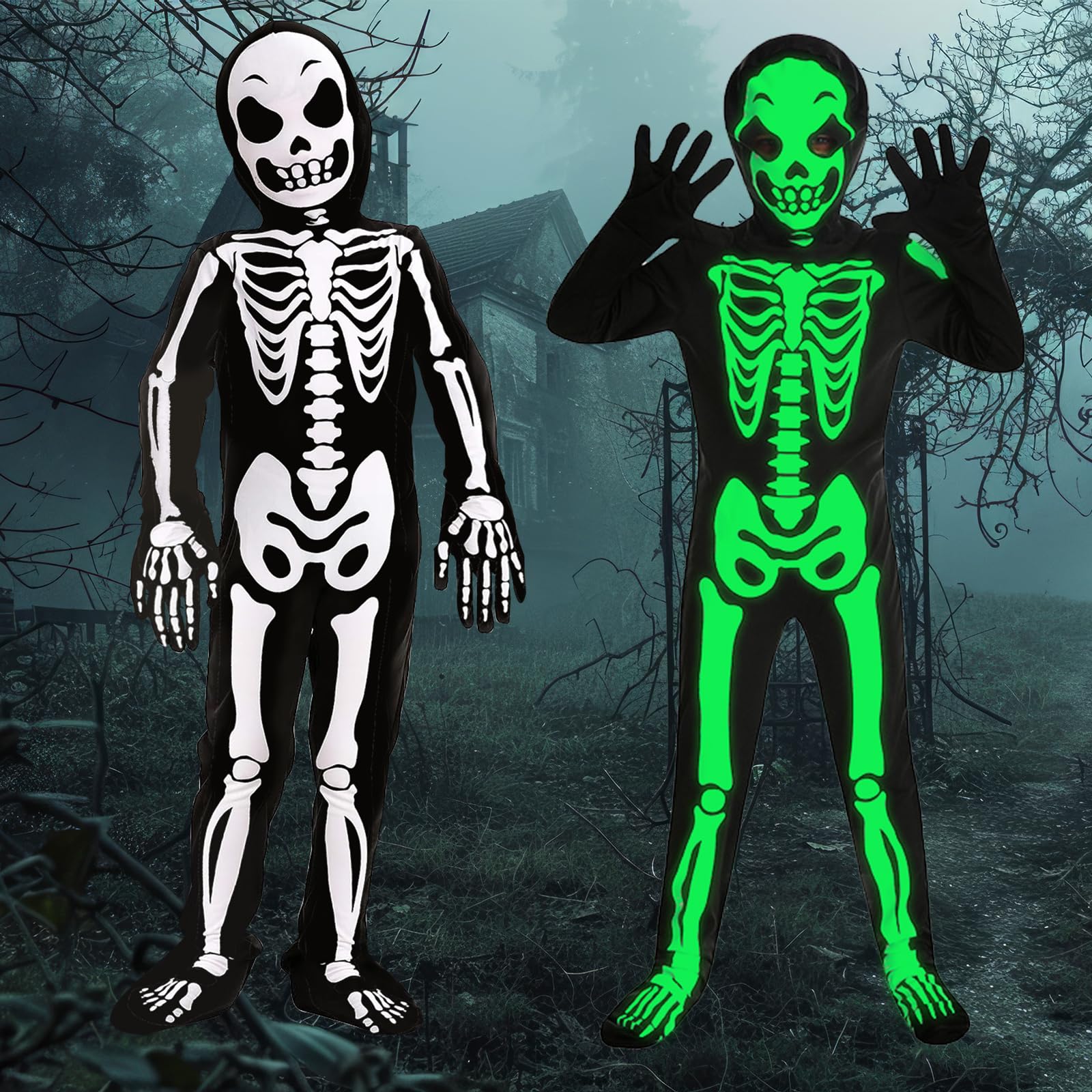 BBLTIFF Disfraz Halloween Niño, Disfraz Esqueleto Niño con Guantes y Gorro, Disfraz Esqueleto Brilla Oscuridad, Disfraces de Halloween Para Niños, Brilla en La Oscuridad, Para Niños y Niñas (XL)