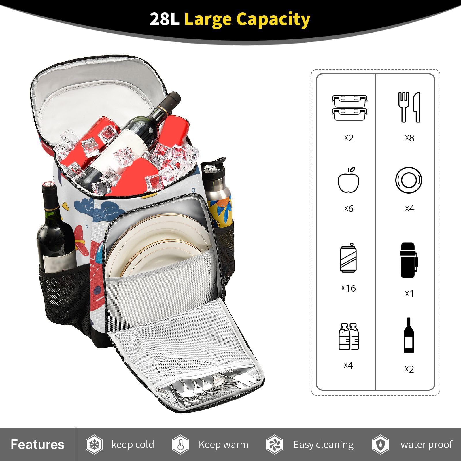 Airplane Red Childish Doodle Cooler Backpack Cooler Insulated Leak Proof Lunch Backpack 36 Cans Waterproof Soft for Men Women Picnic Hiking Camping Beach