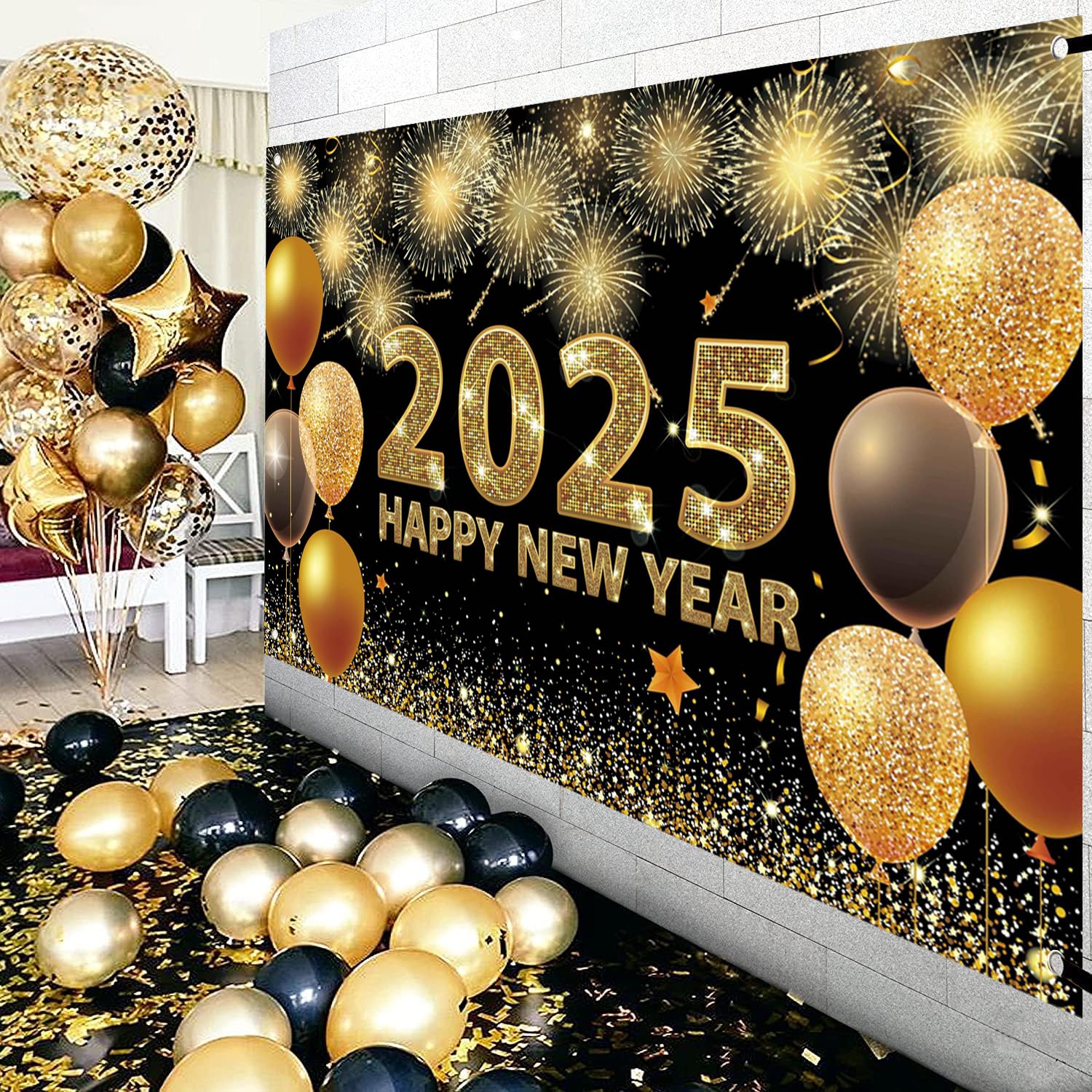 Happy New Year Banner 2025 - Extra Large 73x43 Inch Black and Gold Backdrop, New Years Eve Decorations and Party Supplies - Image 4