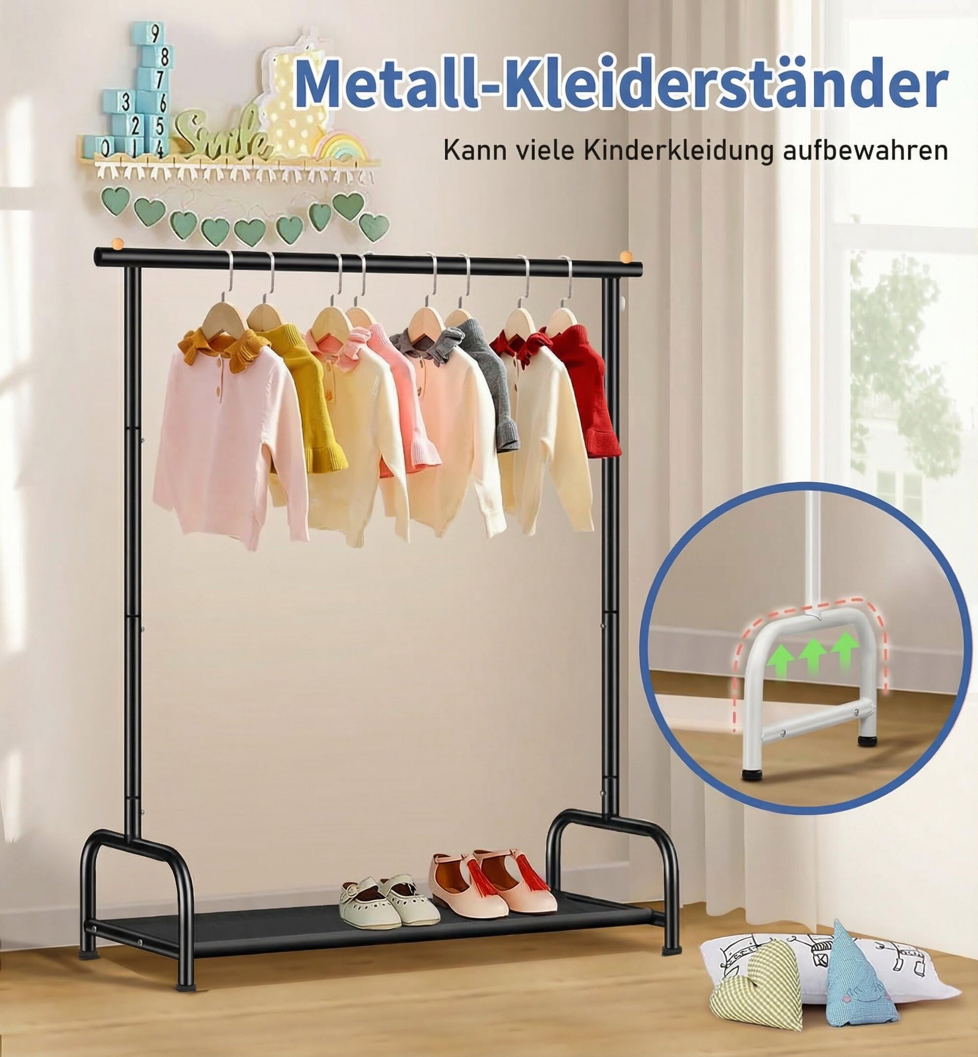 MISSLO Kinder Kleiderständer für Mädchen, Jungen, Metall Kleiderstange Klein mit Unterem Ablagefach, Hängende Kinderräcke Garderobenständer, Schwarz