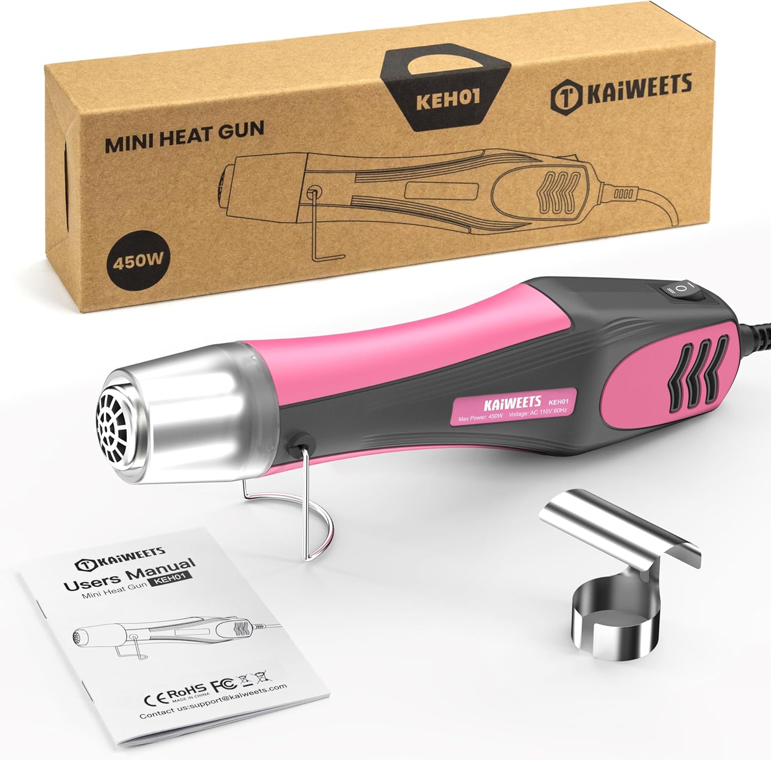 KAIWEETS Mini Heat Gun, reflector nozzle, and user manual next to its packaging box
