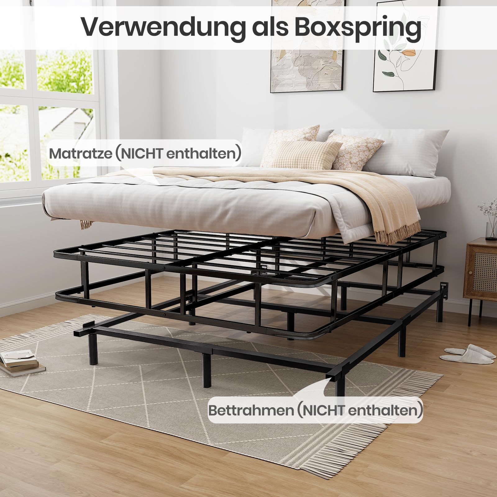 COSTWAY Bettgestell aus Metall, Metall-Bettrahmen, Plattform-Bettgestell mit Metallleistenunterstützung, Schlafzimmerbett Keine Boxspring erforderlich, Schwarz 200 x 140 x 26 cm