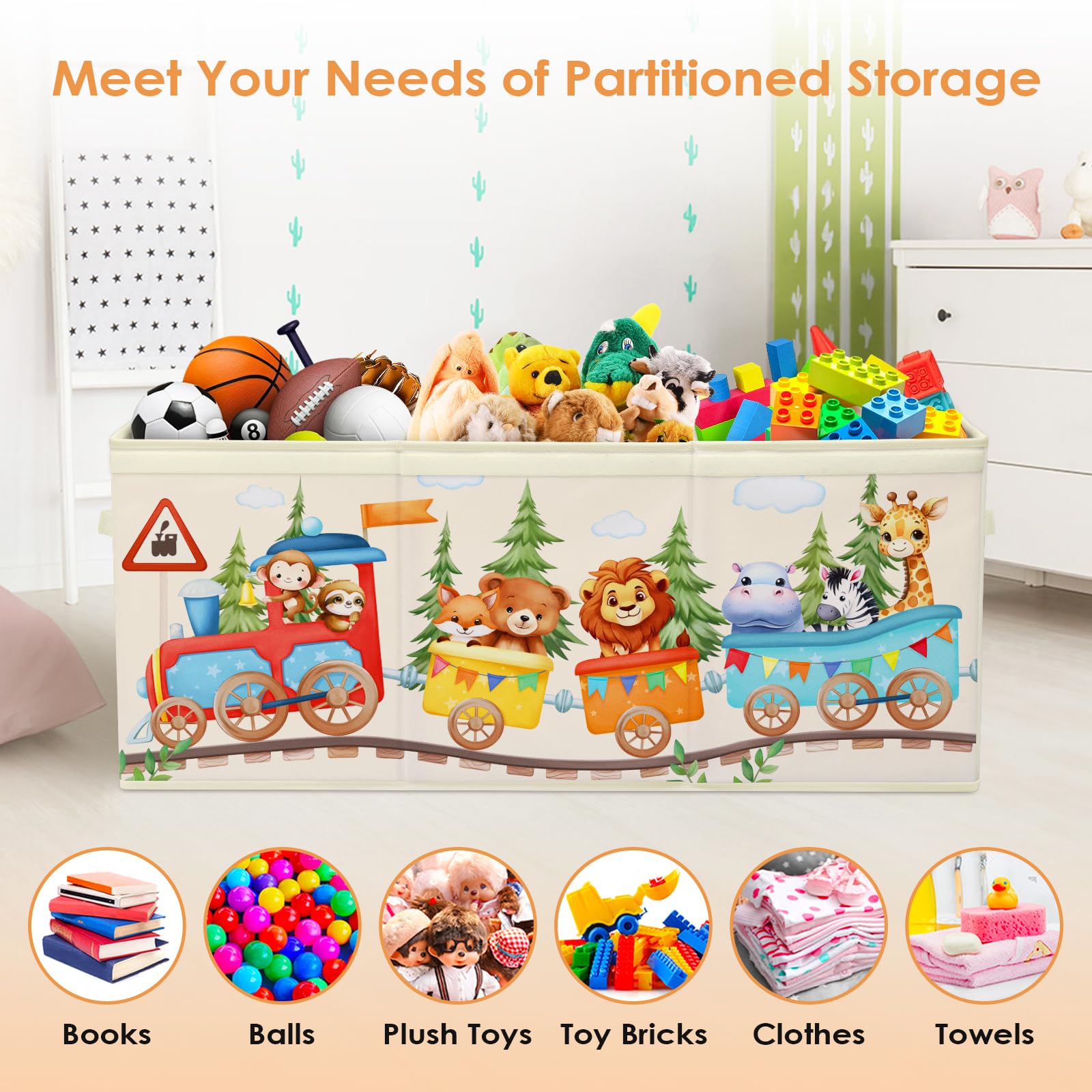 Scatola di Giocattoli Large con Coperchio Ribalta per Bambini, Contenitore Porta Giochi Pieghevole Oxford, Baule Portagiochi Impermeabile Robusto per Ragazze Ragazzi, 96×32×40cm (Treno degli Animali)