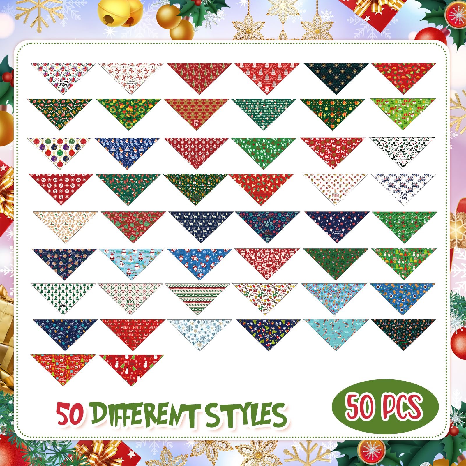 Abbylike 50 bandane invernali per cani sfuse di Natale sciarpe triangolari bavaglini regolabili lavabili per cuccioli fazzoletto stagionale accessori per costumi per animali domestici forniture per la