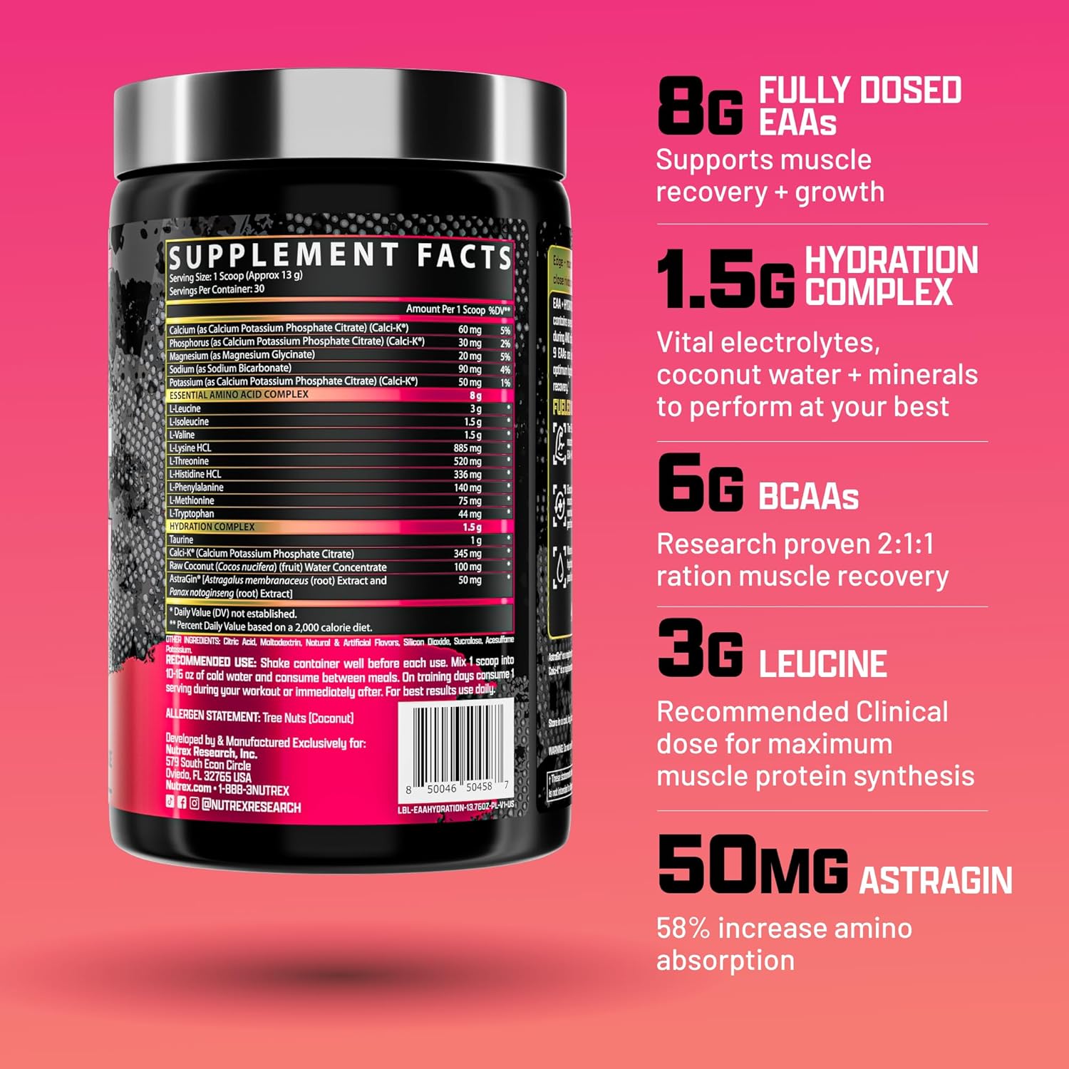 Nutrex Research EAA Hydration | EAAs + BCAA Powder | Muscle Recovery, Strength, Muscle Building, Endurance | 8G Essential Amino Acids + Electrolytes | (Packaging My Vary) 30 Servings (Pink Lemonade)