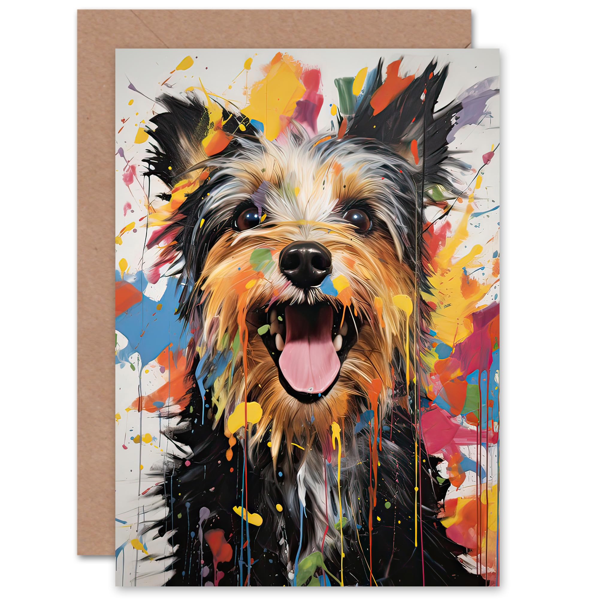 Artery8 Colourful Yorkshire Terrier Pet Portrait for Him or Her Man Woman Birthday Thank You Kids Child Blank Art Greeting Card