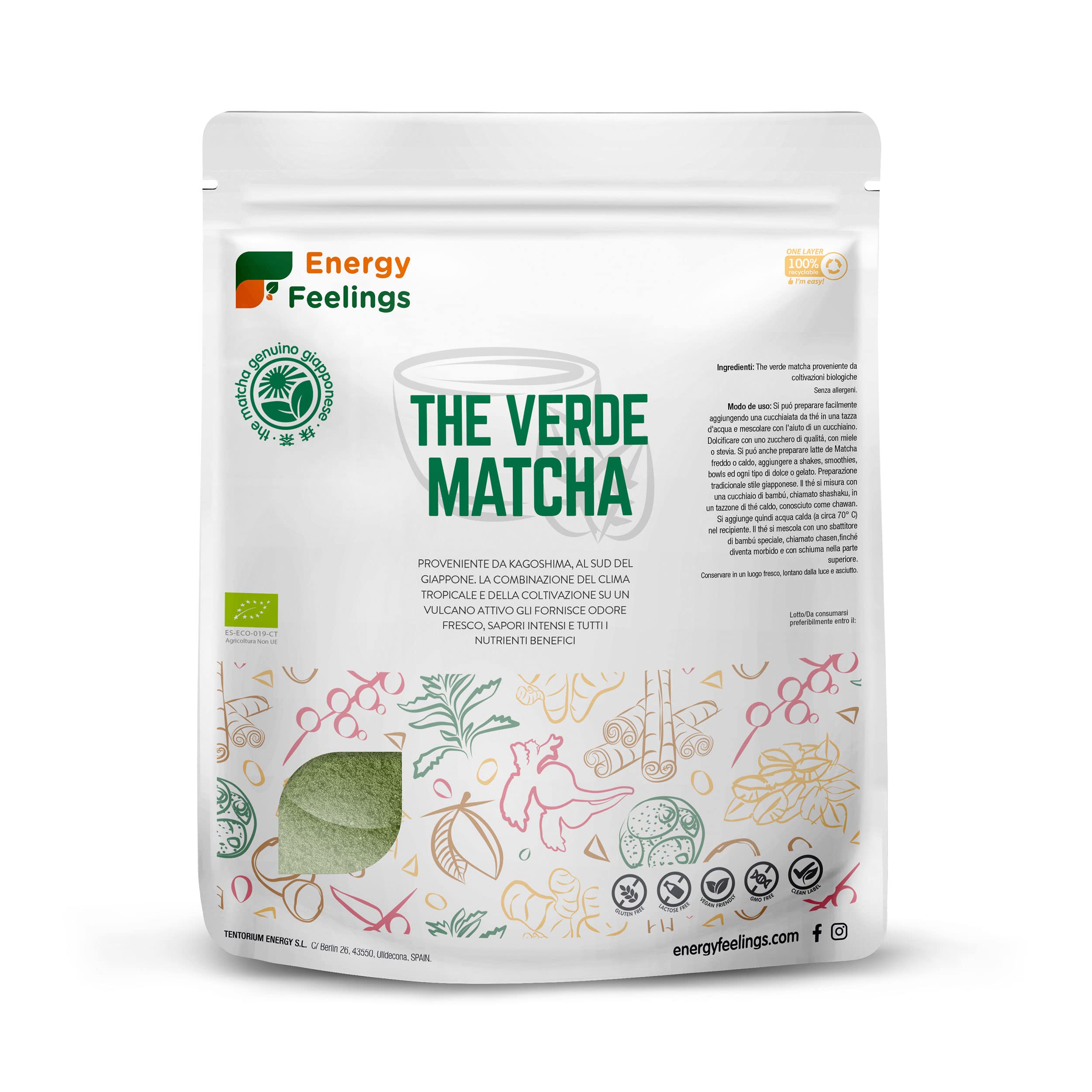 Energy Feelings Tè Verde Matcha in Polvere BIO 1 kg. Matcha Giapponese Qualità Premium. Tè Slim Proprietà Antiossidanti Senza Glutine e Vegano