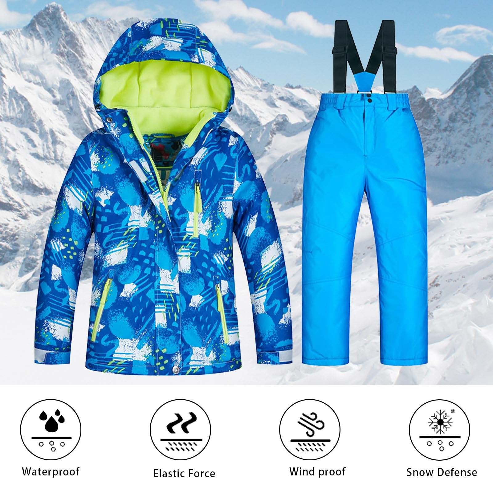 Combinaison de Ski Enfant Fille Ensemble 2pcs Veste à Capuche + Pantalons Costume de Neige Garçon Imperméable 2 Pièces Hiver Ensemble de Ski pour 3-12 Ans