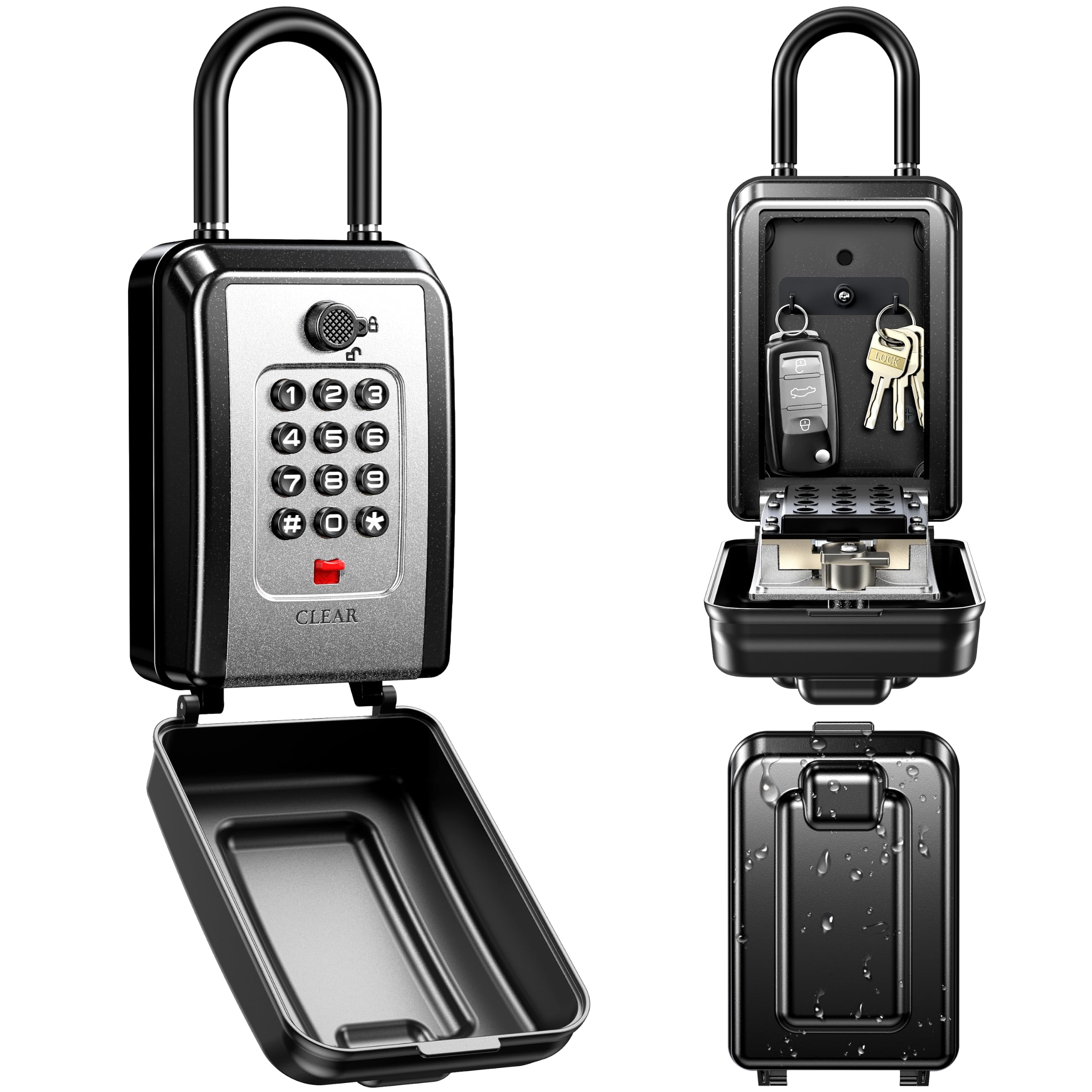 ISEYOU Key Safe with Shackle, Heavy Duty Outdoor Lock Box with 12 Digit Push Button Combination Code for Spare Keys, Large Capacity Weatherproof Key Box for Home, Office, Garage & Apartment
