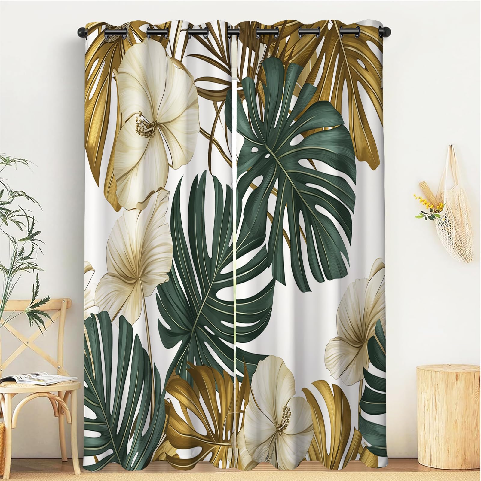 Rideau occultant de qualité supérieure or vert à motif plantes tropicales 140x160cm