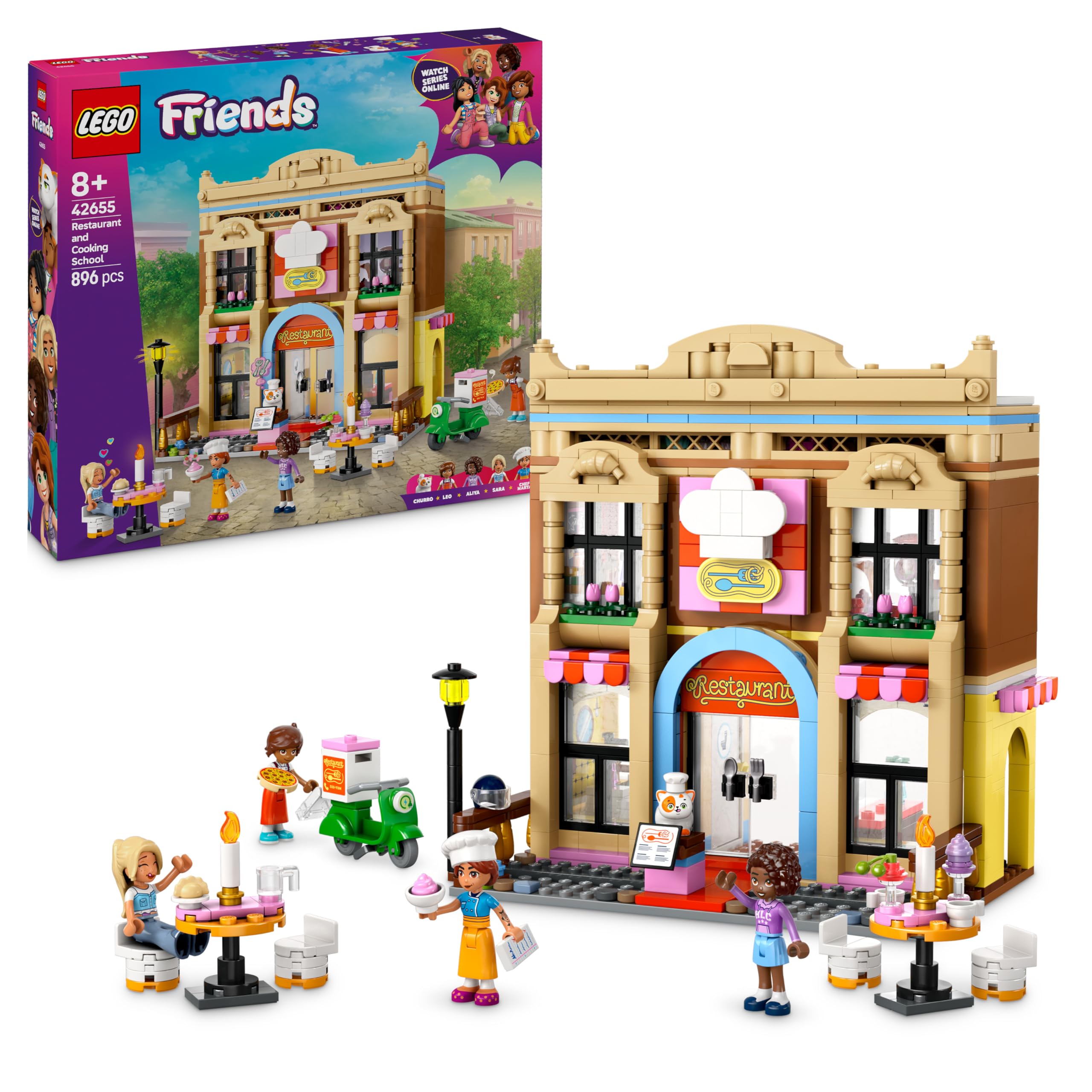 LEGO Friends Restauracja i Szkoła Gotowania, Kreatywna Zabawka dla Dziecka do Zbudowania, Minilaleczki, Zabawkowa Kuchnia i Figurka Kota, Prezent dla 8-latki, dla Dziewczynki i Chłopca, 42655