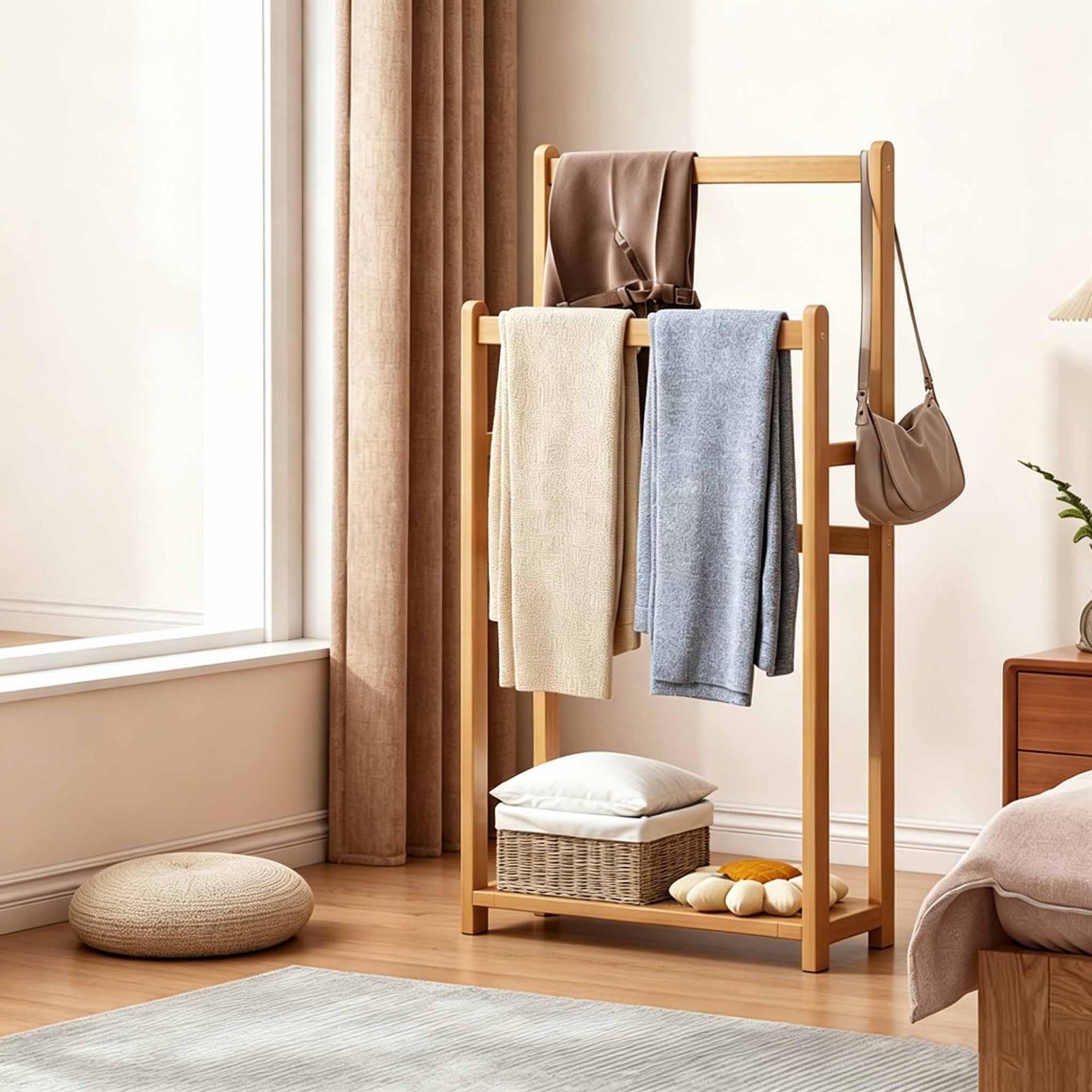 39.3" Tall Standing Towel Racks, Bamboo Blanket Rack Stand