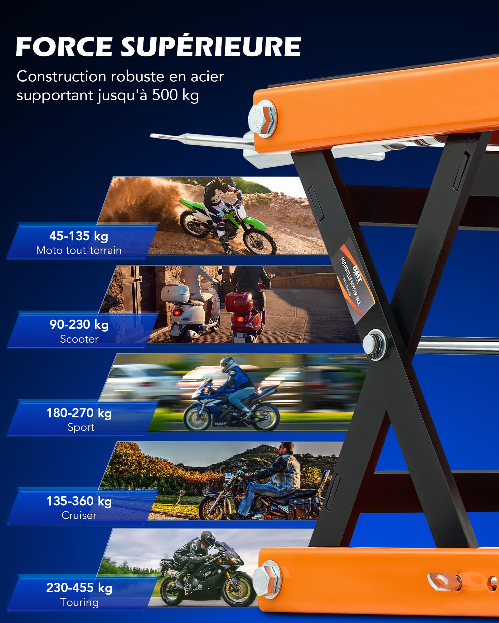 Orion Motor Tech Cric à Ciseaux pour Motos Capacité 500kg Hauteur de Levage 9,5-37 cm Support de Plateforme Élévatrice Caoutchouc Antidérapant, Entretien pour Motos VTT Scooter Touring Cruiser, Orange