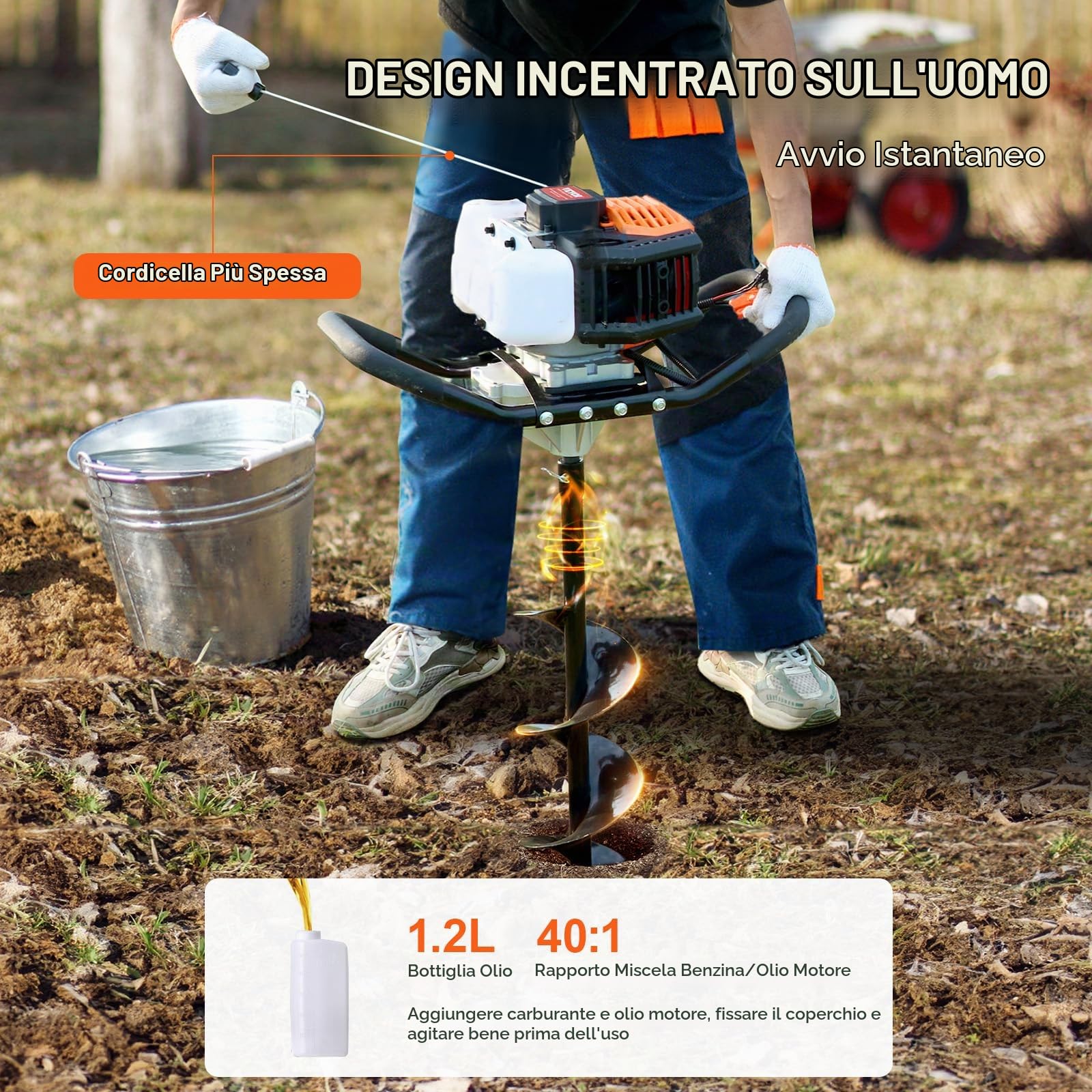VEVOR Trivella per Pali a Gas 52 CC 1450 W Trivella per Terra, Trivella a Gas con Punte 200 mm 1 Asta di Prolunga, Trivella per Pali di Recinzione per Piante da Giardino, Piantagione, Arancione e Nero