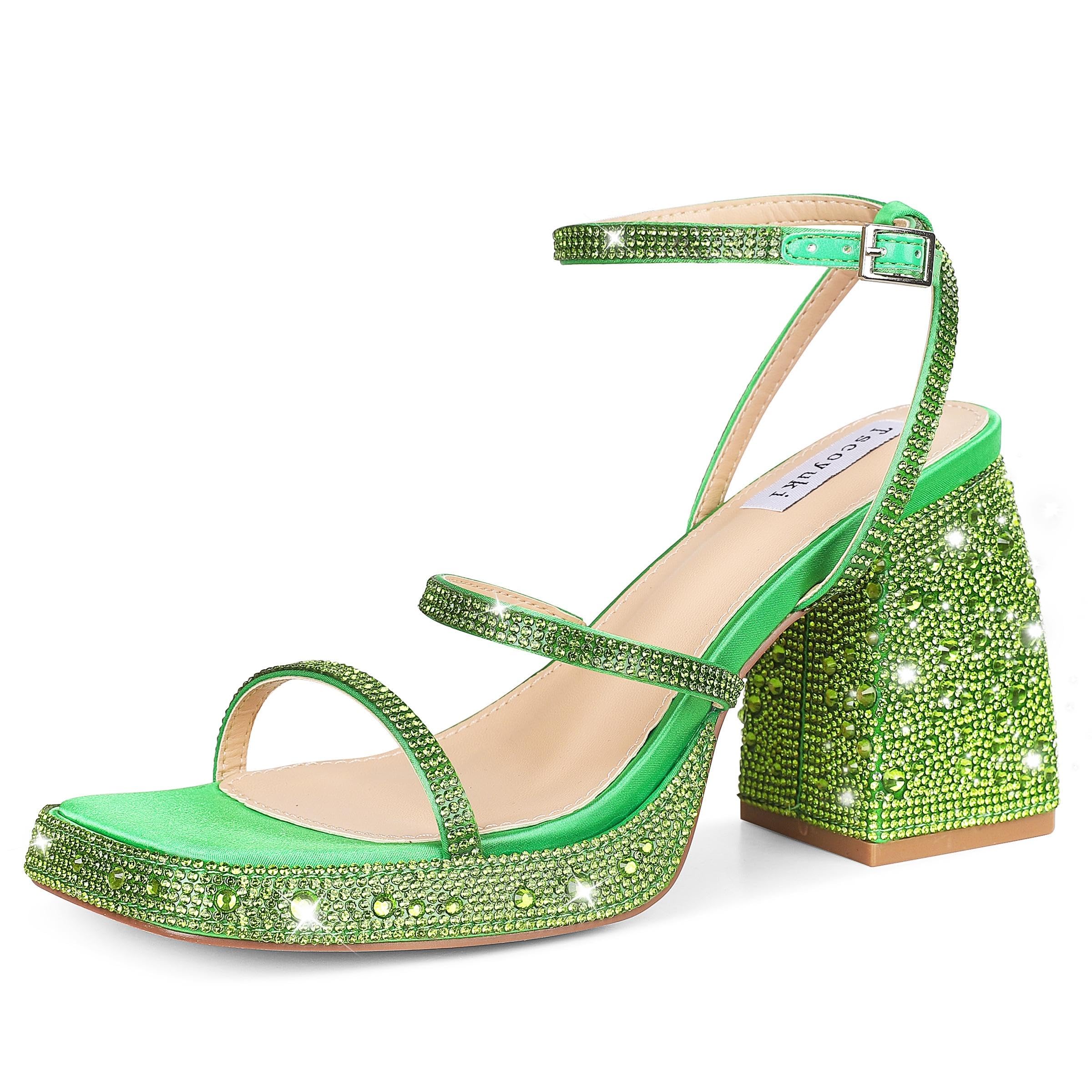 Tscoyuki Platform Heels for Women Sparkly Rhinestone Strappy Heels Sandals Chunky Heel Ankle Strap Square Open Toe Y2K Dress Shoes for Wedding Party Evening Dance Green Size 7.5