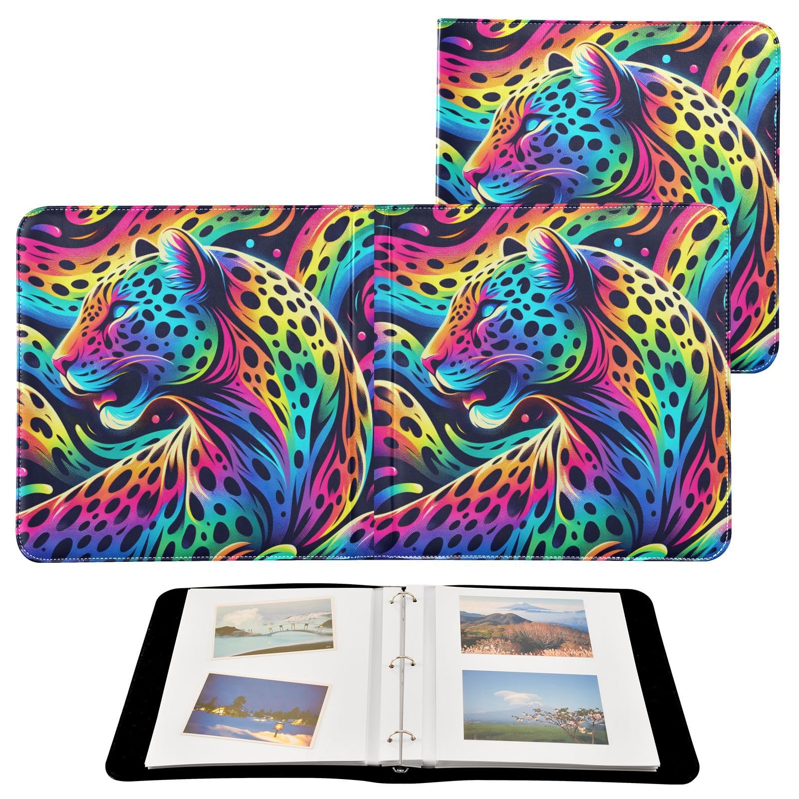 JIPONI Rainbow Leopard Large Photo Album, DIY Leather Cover Scrapbook Albums for 4x6 5x7 6x8 Pictures, Self Adhesive Memory Book for Wedding, Baby, Family
