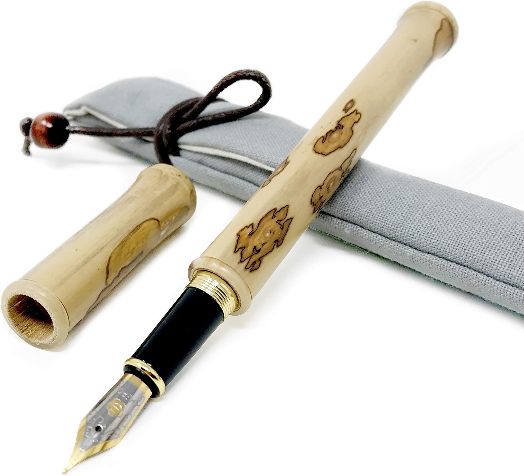Vintage Bamboo Fountain Pen in Natural Pattern with Refillable Ink Sac Broad Nip Business Gift Collection