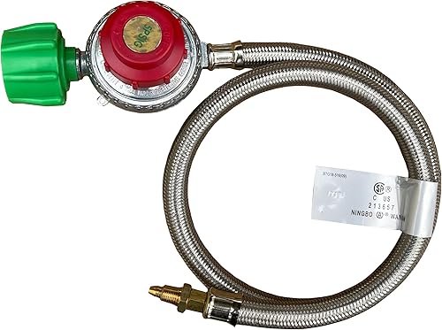 King Kooker 30502 Regulador ajustable de alta presión con conexión tipo 1 y manguera trenzada de acero inoxidable con conector de extremo de rosca