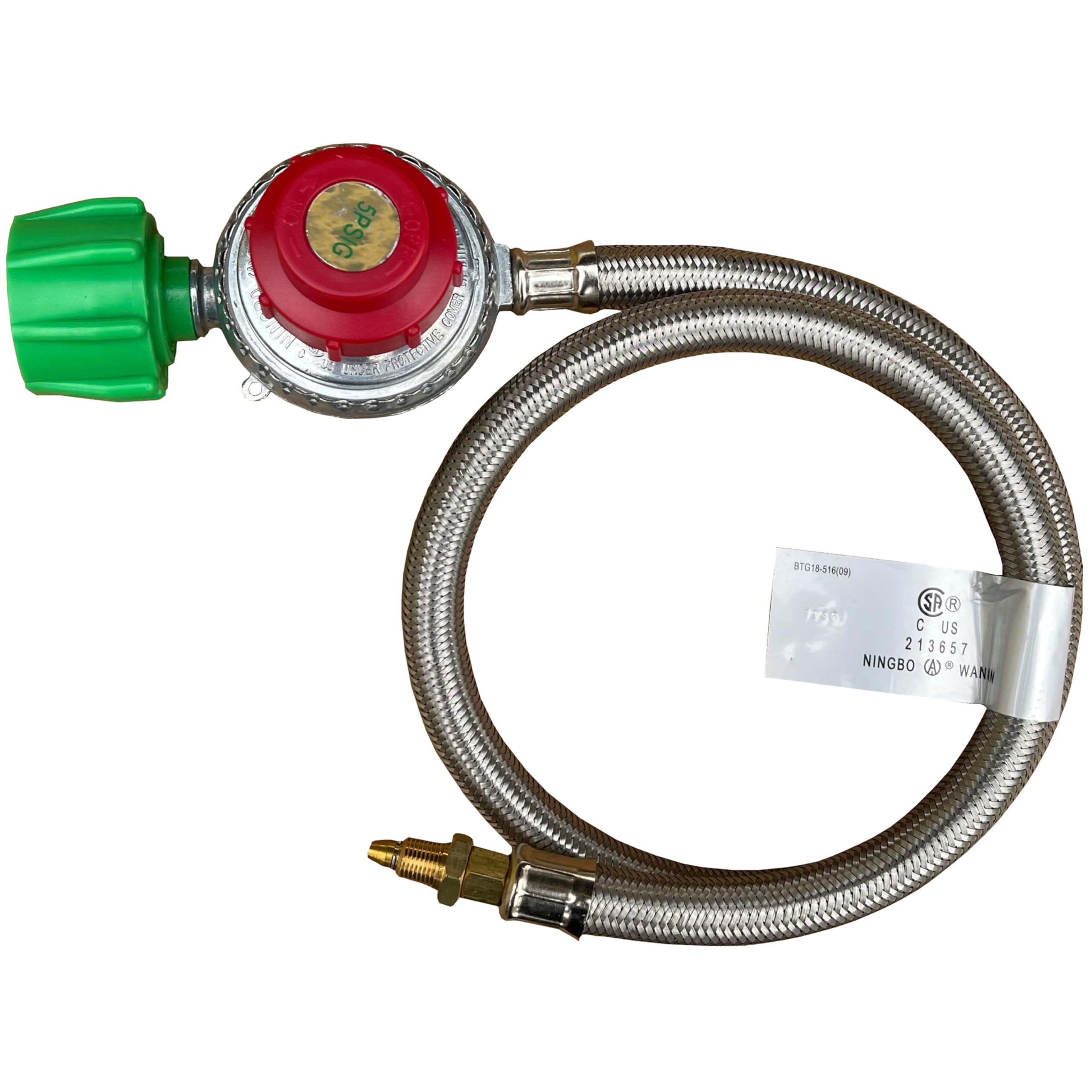 King Kooker 30502 Regulator wysokiego ciśnienia z przyłączem typu 1 i wężem w oplocie ze stali nierdzewnej z gwintem zewnętrznym 1/8 cala z otworem