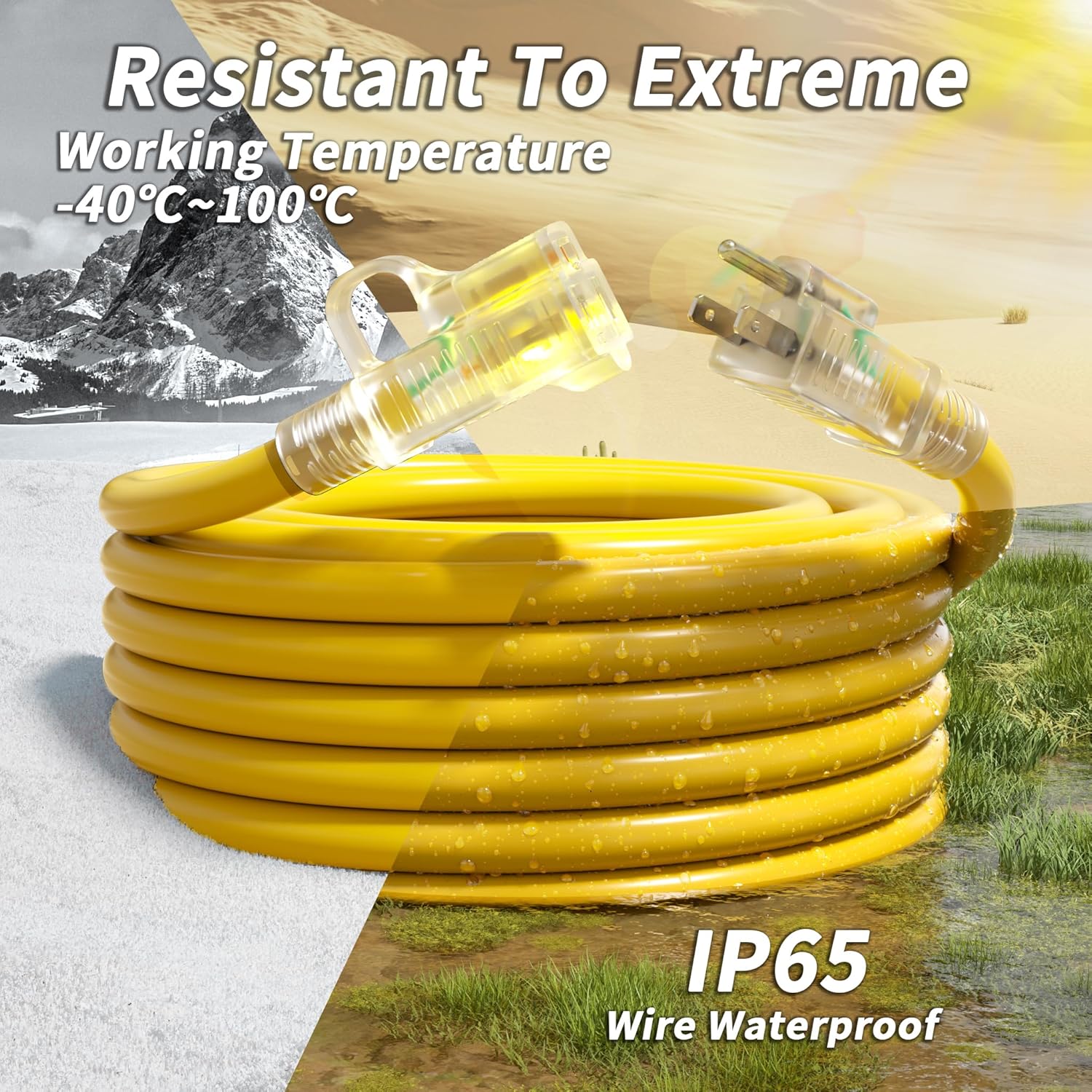 14/3 Gauge Yellow Outdoor Extension Cord 75 ft Waterproof with Lighted Indicator, Cold Weatherproof -40°C, Flexible 3 Prong Extension Cord Outside,13A 1625W 14AWG SJTW, ETL Listed