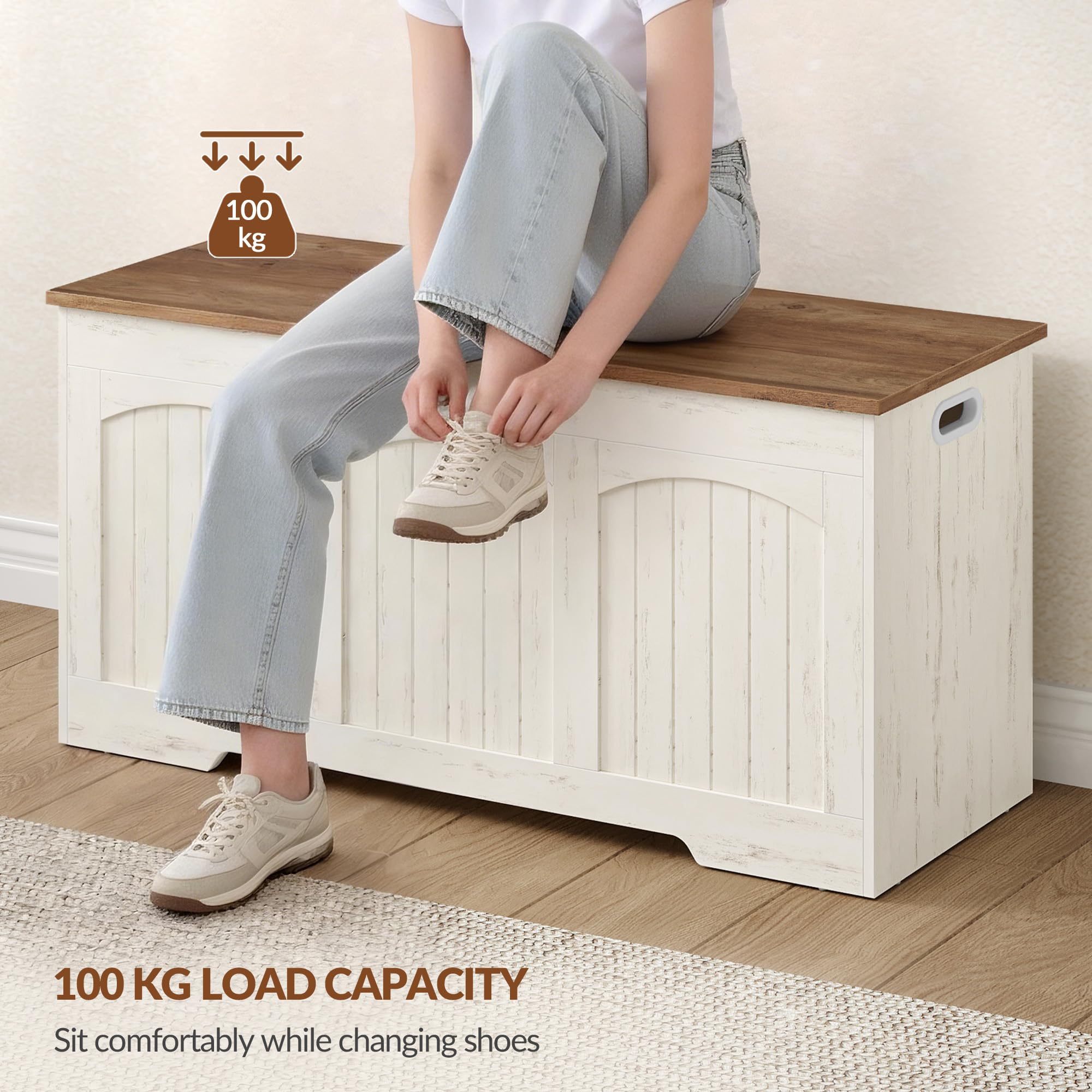 Cassapanca, Cassapanca Contenitore in Legno, Panca Contenitore con Cerniere di Stabilità, per Ingresso, Camera da Letto, Soggiorno, 100 x 40 x 48 Cm, Bianco e Marrone FFXD103PWR1